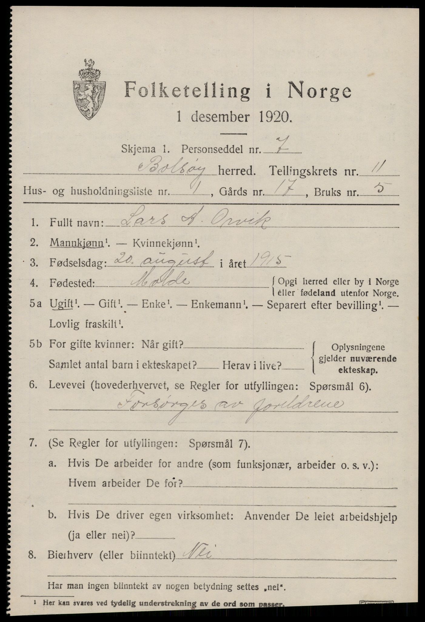 SAT, 1920 census for Bolsøy, 1920, p. 11283