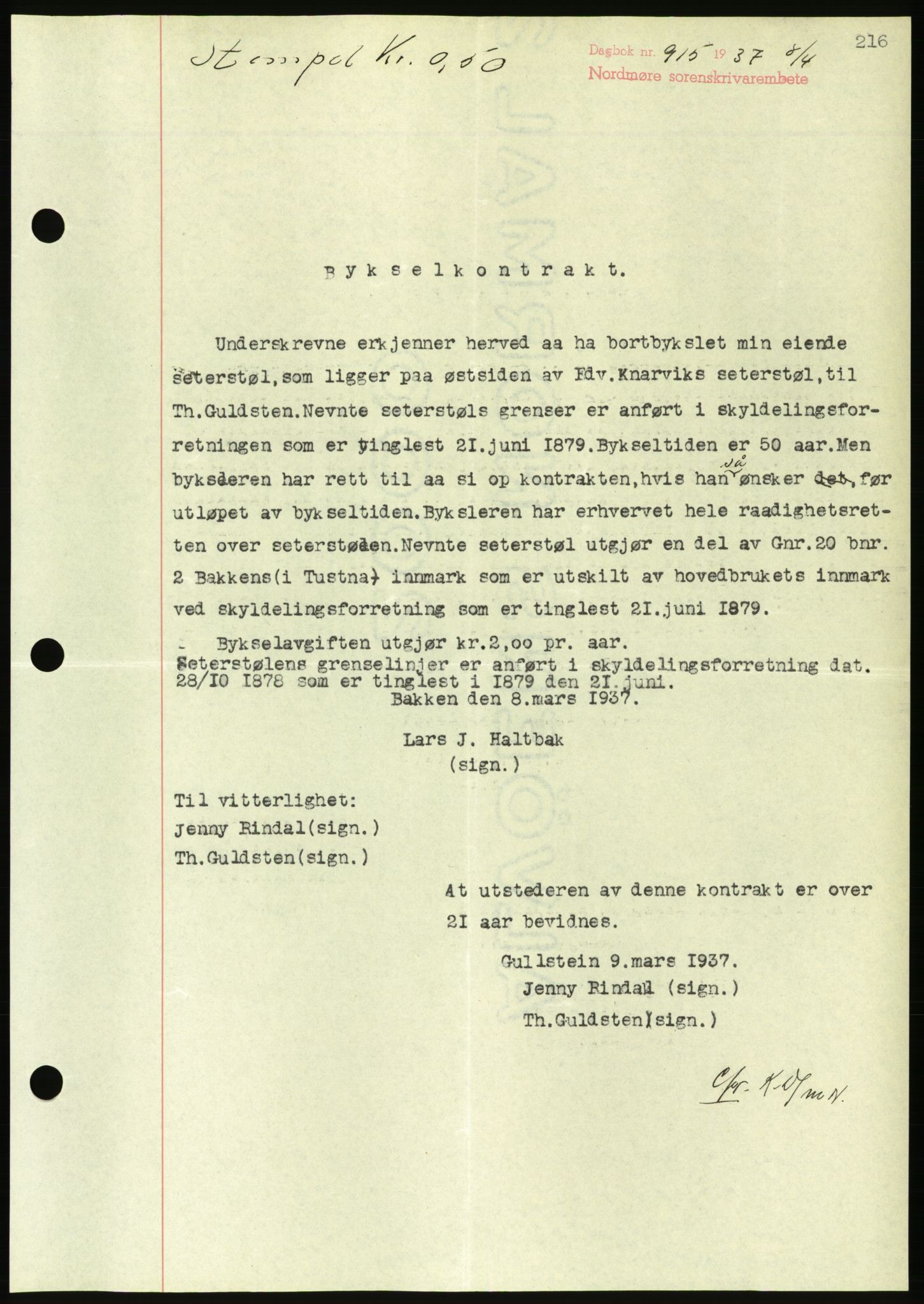 Nordmøre sorenskriveri, AV/SAT-A-4132/1/2/2Ca/L0091: Mortgage book no. B81, 1937-1937, Diary no: : 915/1937