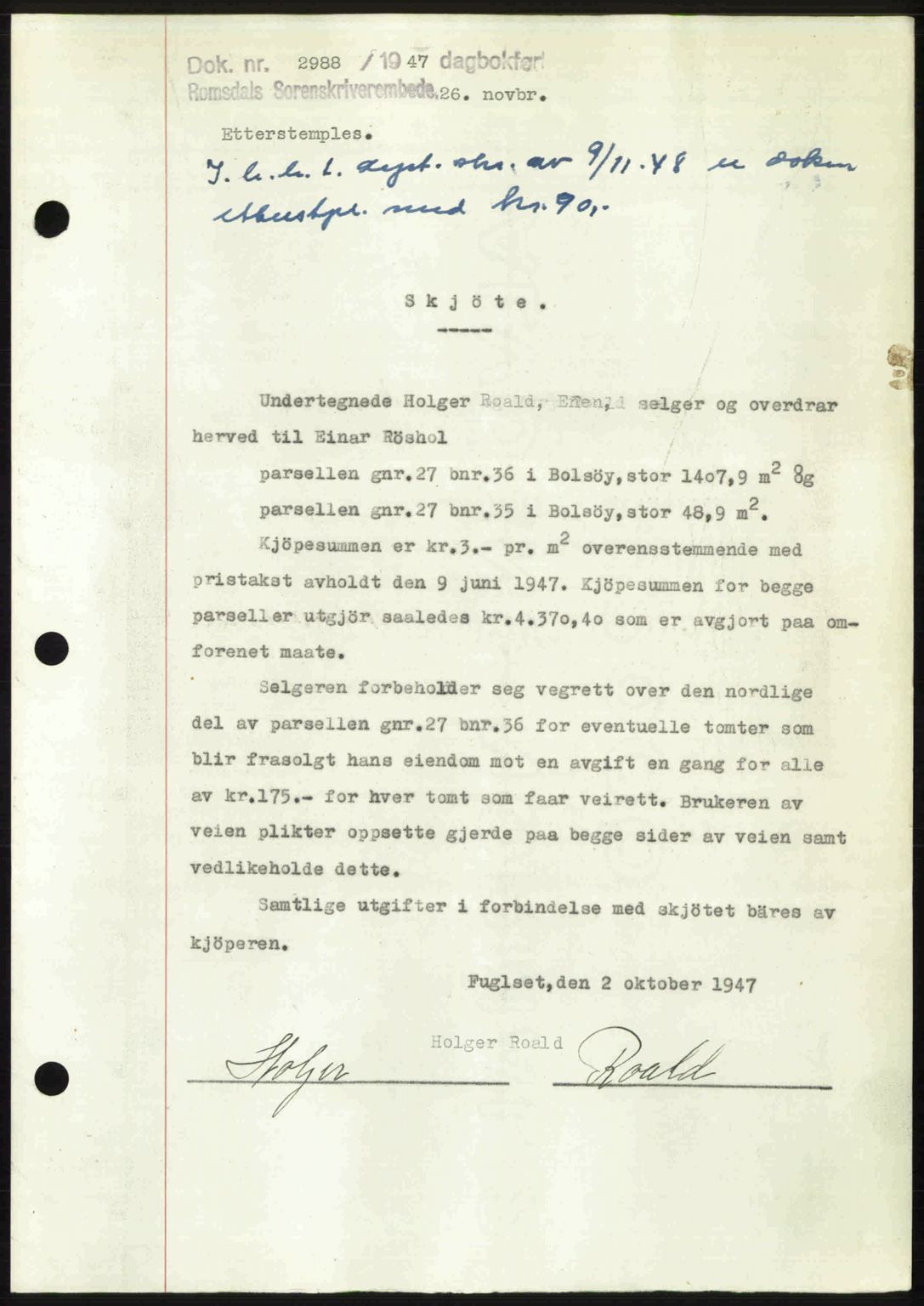 Romsdal sorenskriveri, SAT/A-4149/1/2/2C: Mortgage book no. A24, 1947-1947, Diary no: : 2988/1947