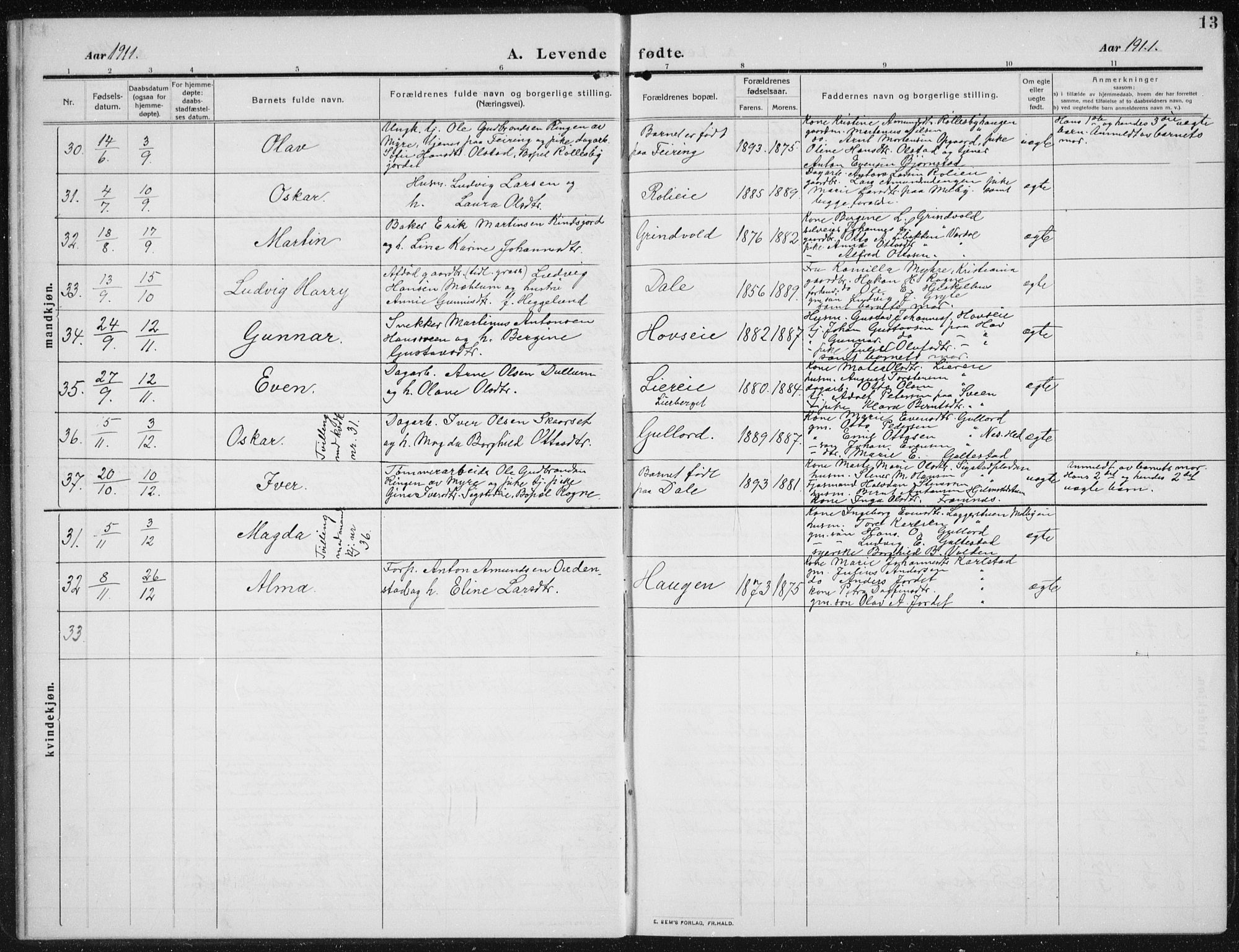 Biri prestekontor, SAH/PREST-096/H/Ha/Hab/L0006: Parish register (copy) no. 6, 1909-1938, p. 13