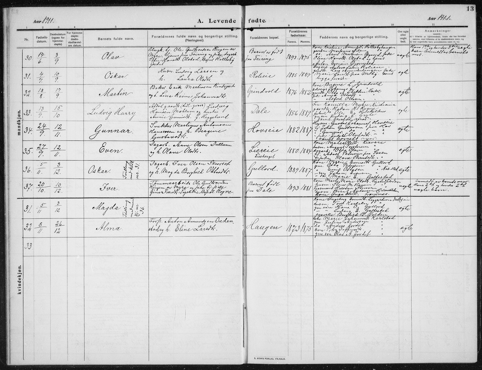 Biri prestekontor, AV/SAH-PREST-096/H/Ha/Hab/L0006: Parish register (copy) no. 6, 1909-1938, p. 13