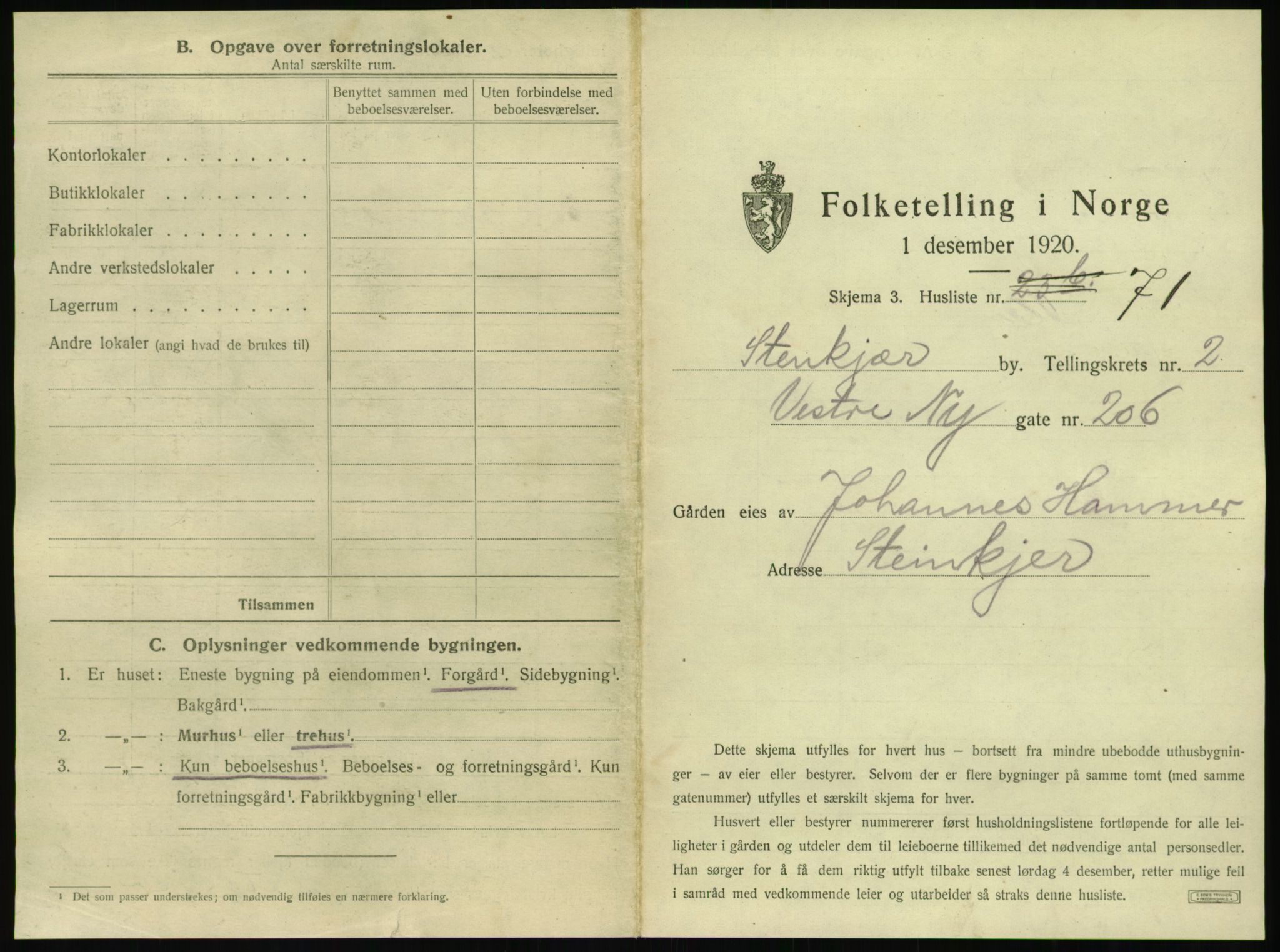 SAT, 1920 census for Steinkjer, 1920, p. 412