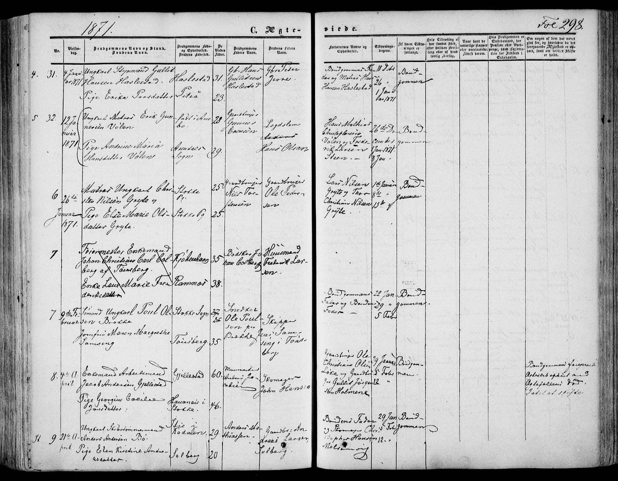 Stokke kirkebøker, AV/SAKO-A-320/F/Fa/L0008: Parish register (official) no. I 8, 1858-1871, p. 298