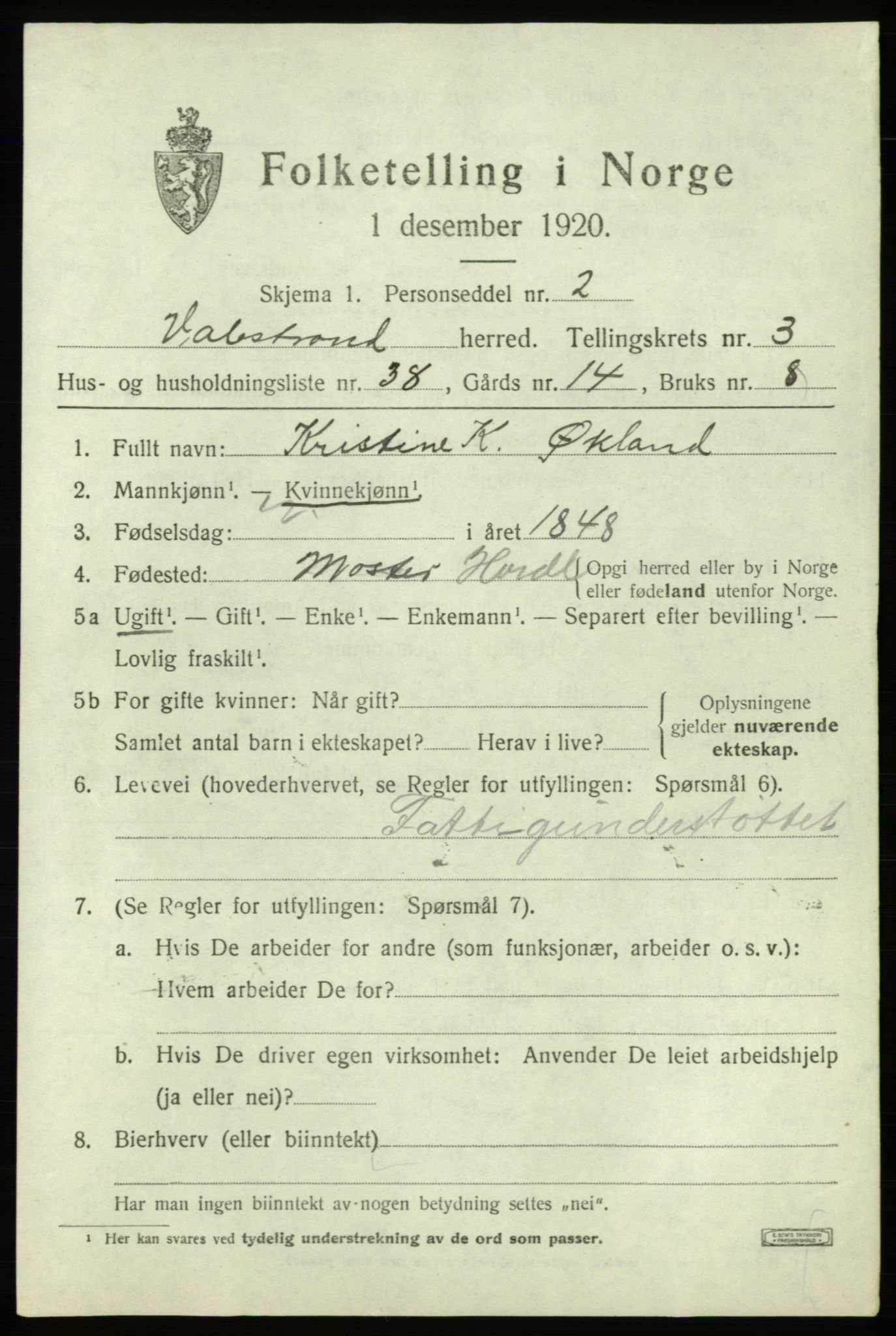 SAB, 1920 census for Valestrand, 1920, p. 1627