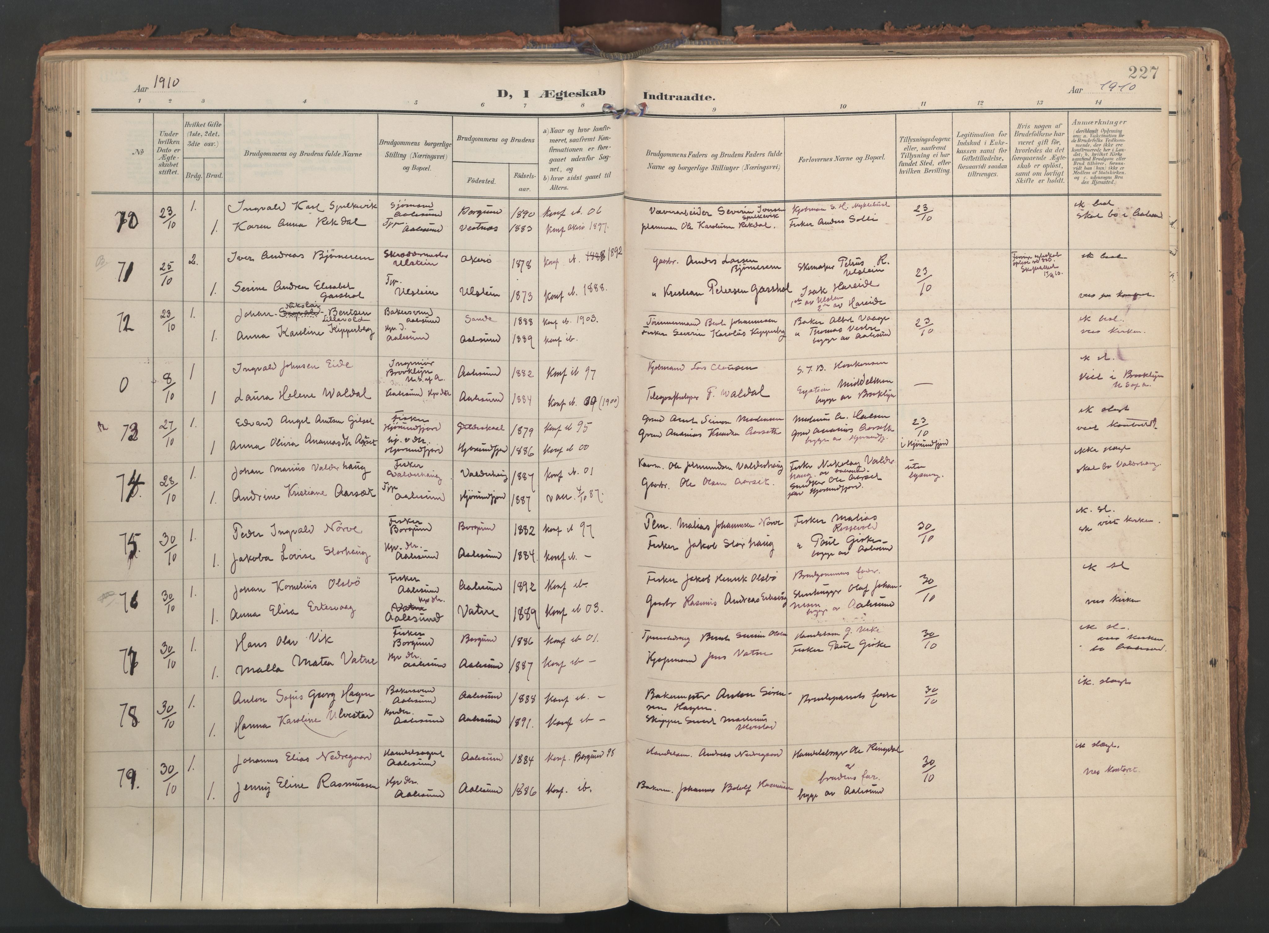 Ministerialprotokoller, klokkerbøker og fødselsregistre - Møre og Romsdal, SAT/A-1454/529/L0459: Parish register (official) no. 529A09, 1904-1917, p. 227