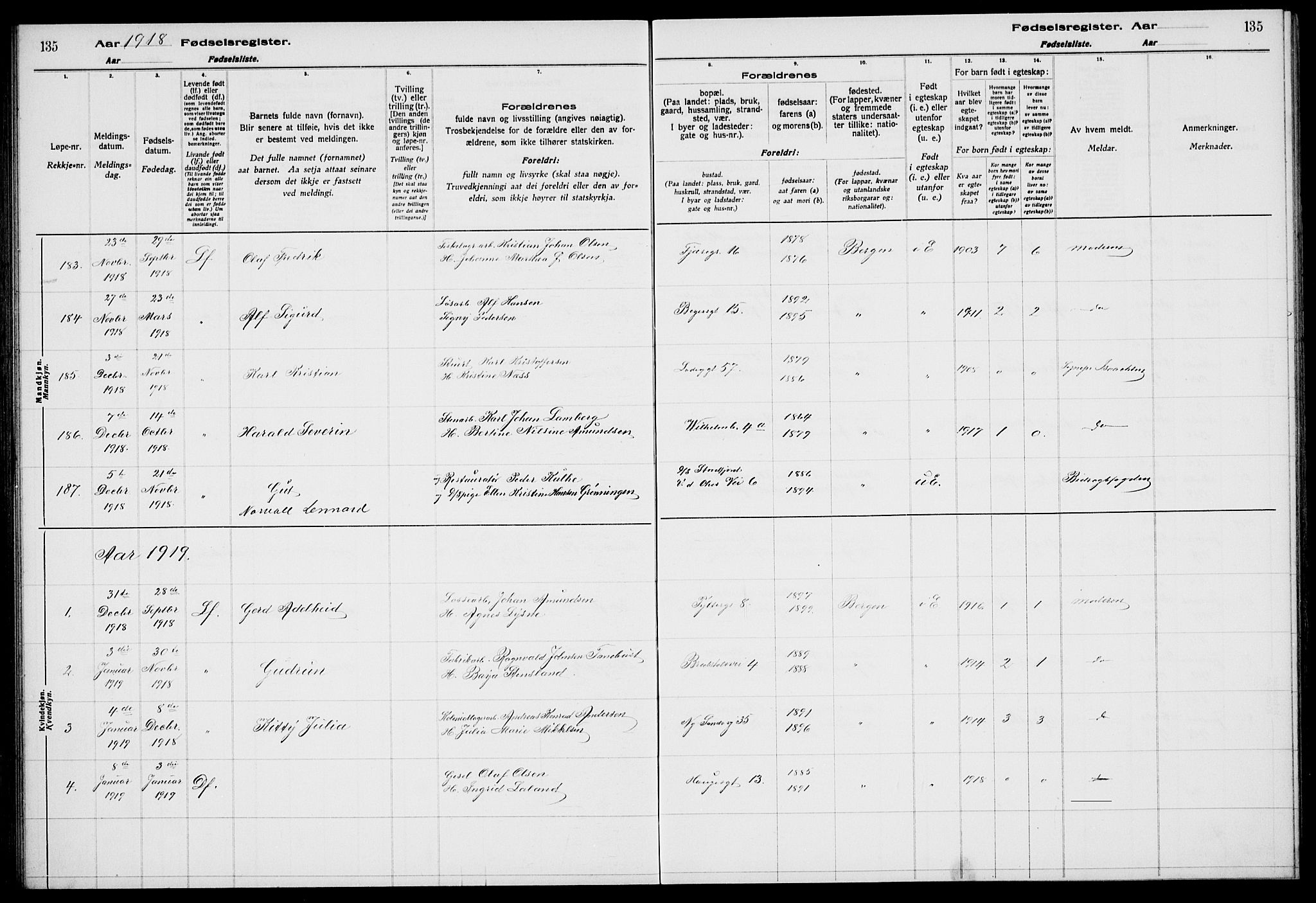 Sandviken Sokneprestembete, SAB/A-77601/I/Ib/L00A1: Birth register no. A 1, 1915-1920, p. 135
