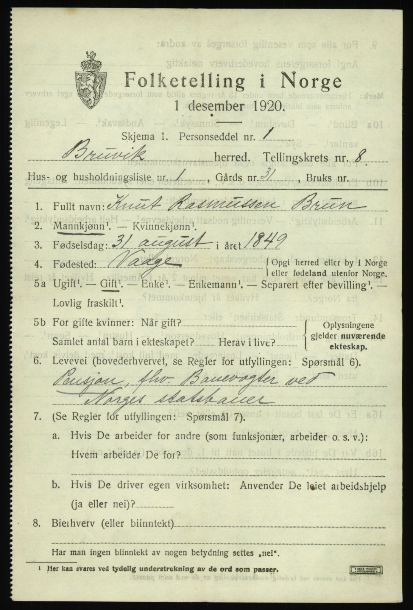 SAB, 1920 census for Bruvik, 1920, p. 5014