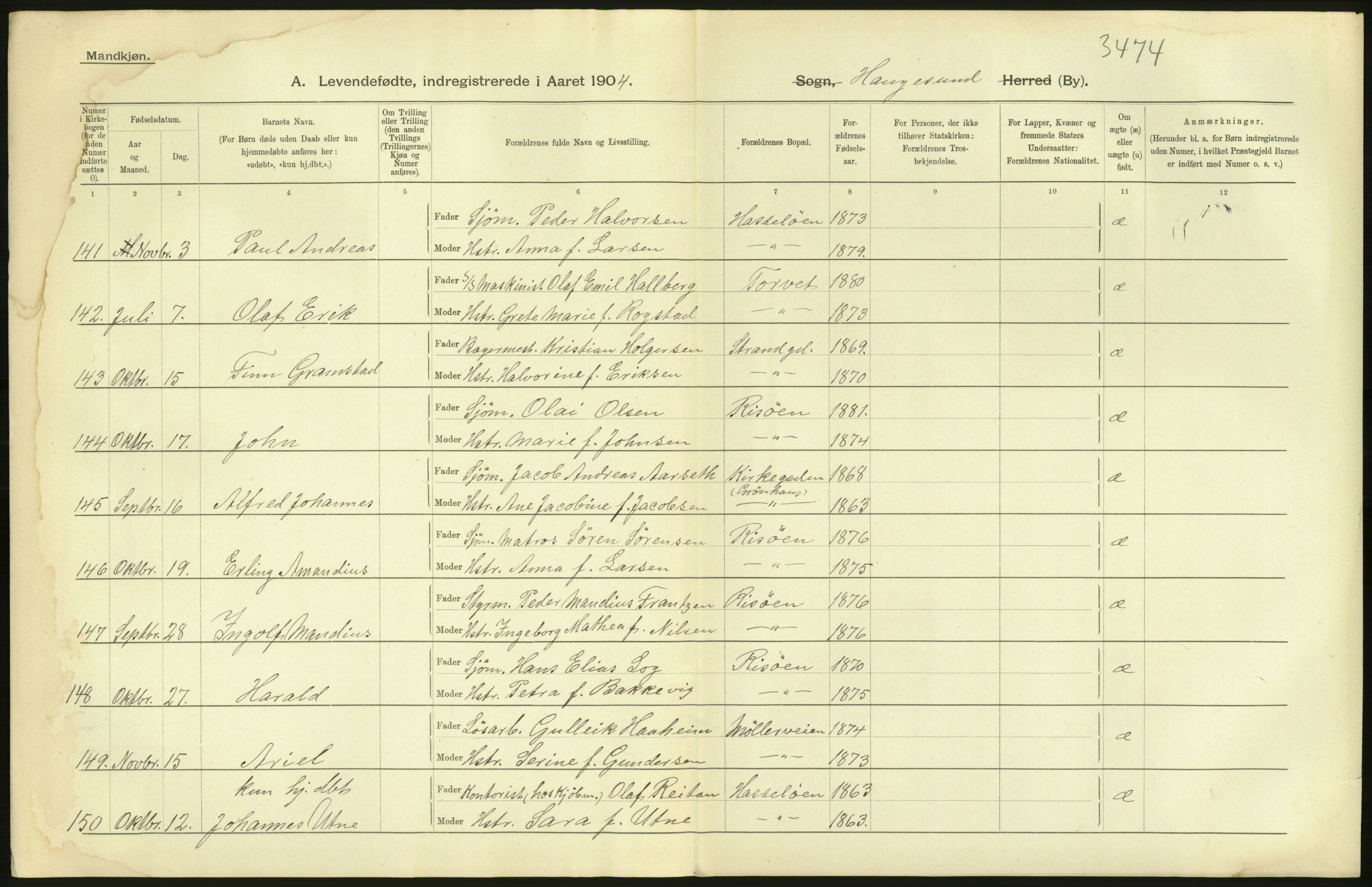 Statistisk sentralbyrå, Sosiodemografiske emner, Befolkning, AV/RA-S-2228/D/Df/Dfa/Dfab/L0012: Stavanger amt: Fødte, gifte, døde, 1904, p. 6