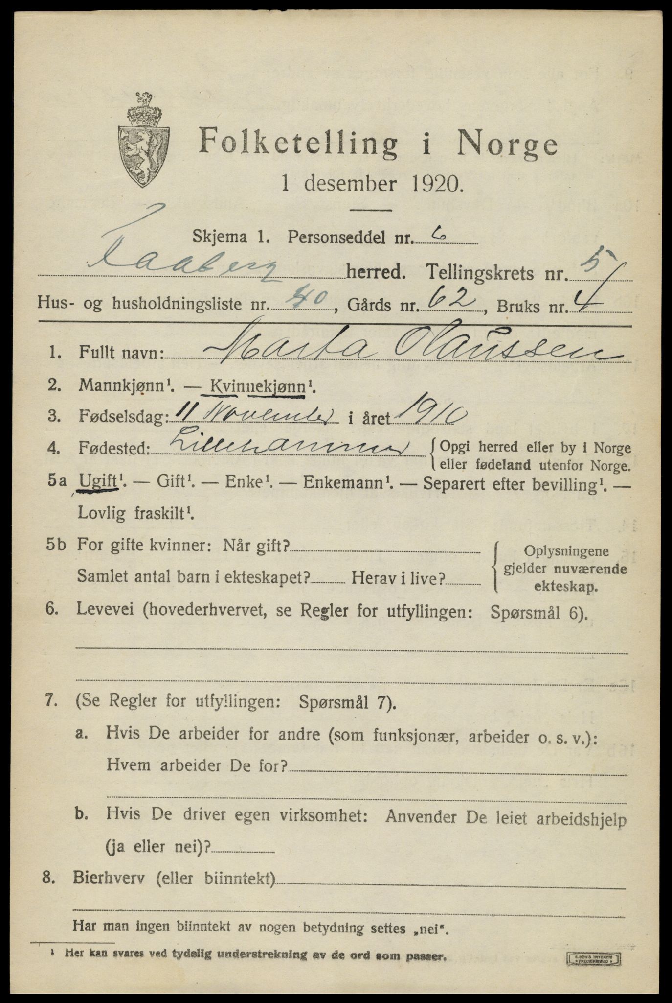 SAH, 1920 census for Fåberg, 1920, p. 6512