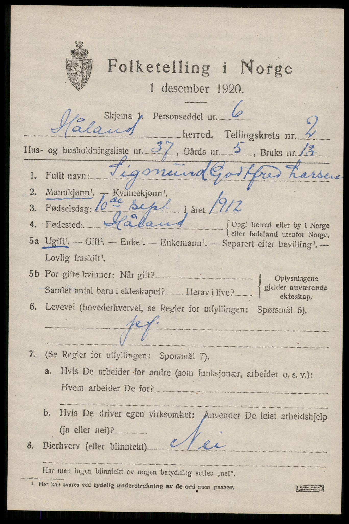 SAST, 1920 census for Håland, 1920, p. 3003