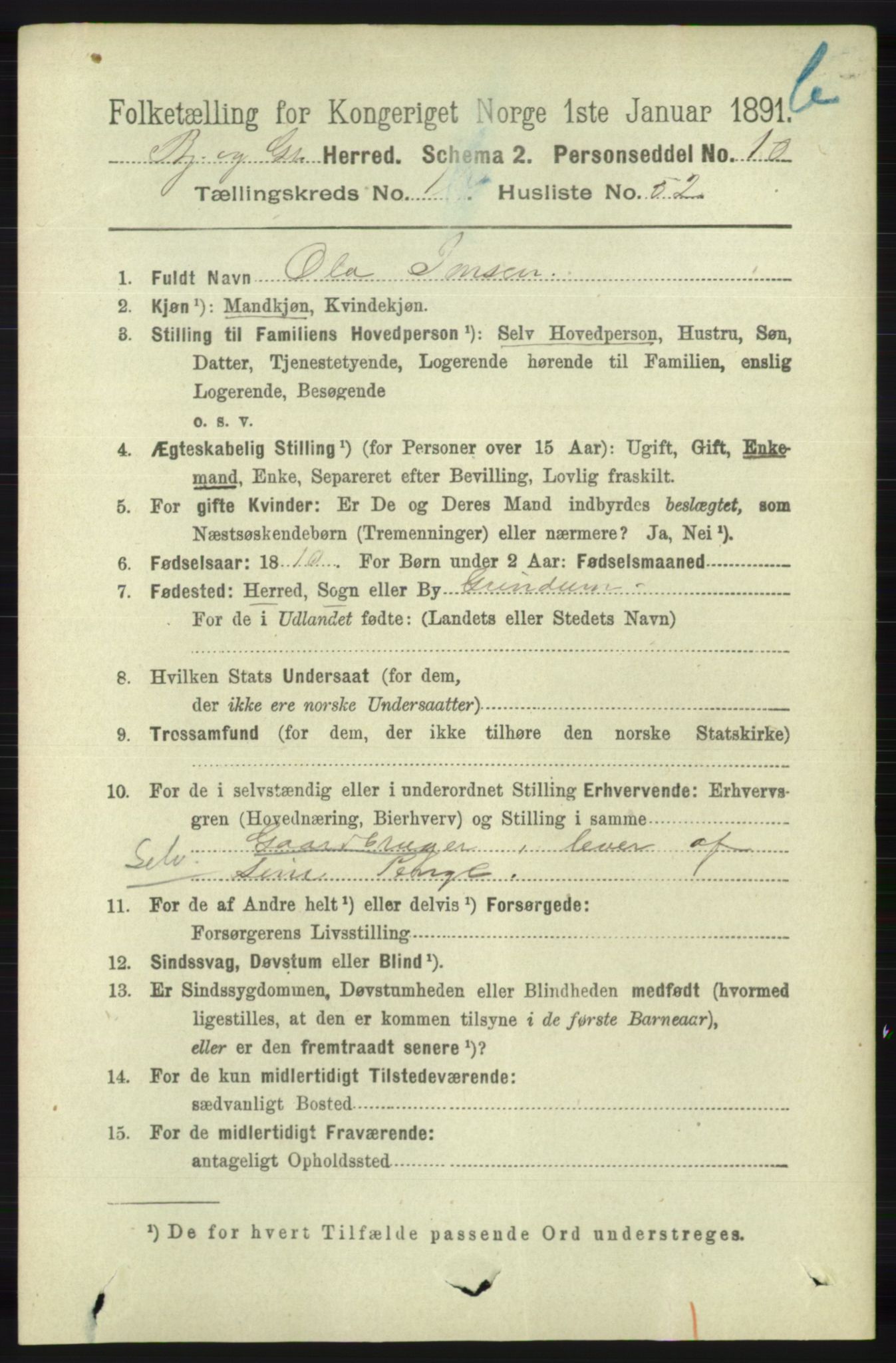 RA, 1891 census for 1024 Bjelland og Grindheim, 1891, p. 1073