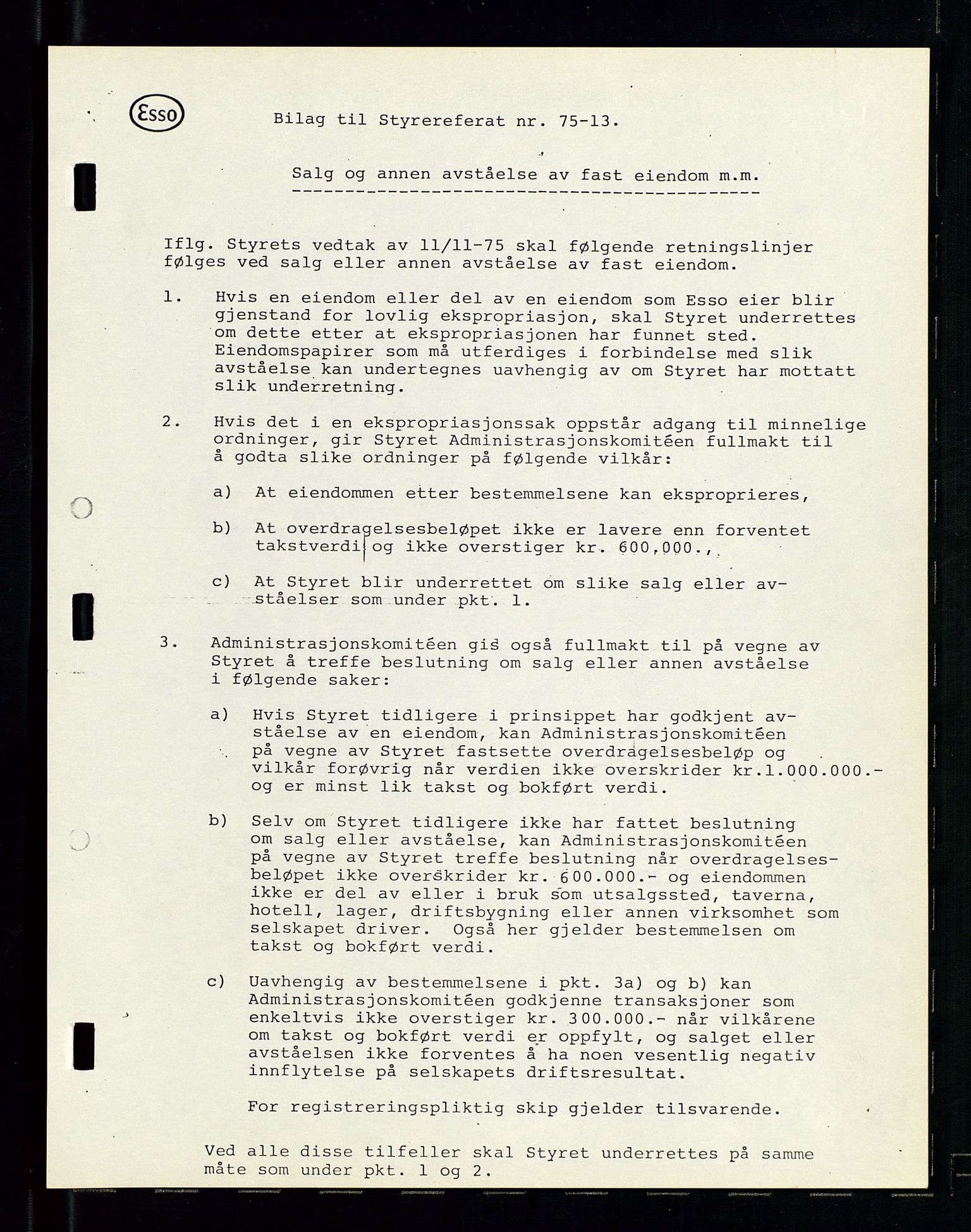 Pa 0982 - Esso Norge A/S, SAST/A-100448/A/Aa/L0003/0003: Den administrerende direksjon Board minutes (styrereferater) og Bedriftforsamlingsprotokoll / Den administrerende direksjon Board minutes (styrereferater), 1975-1985