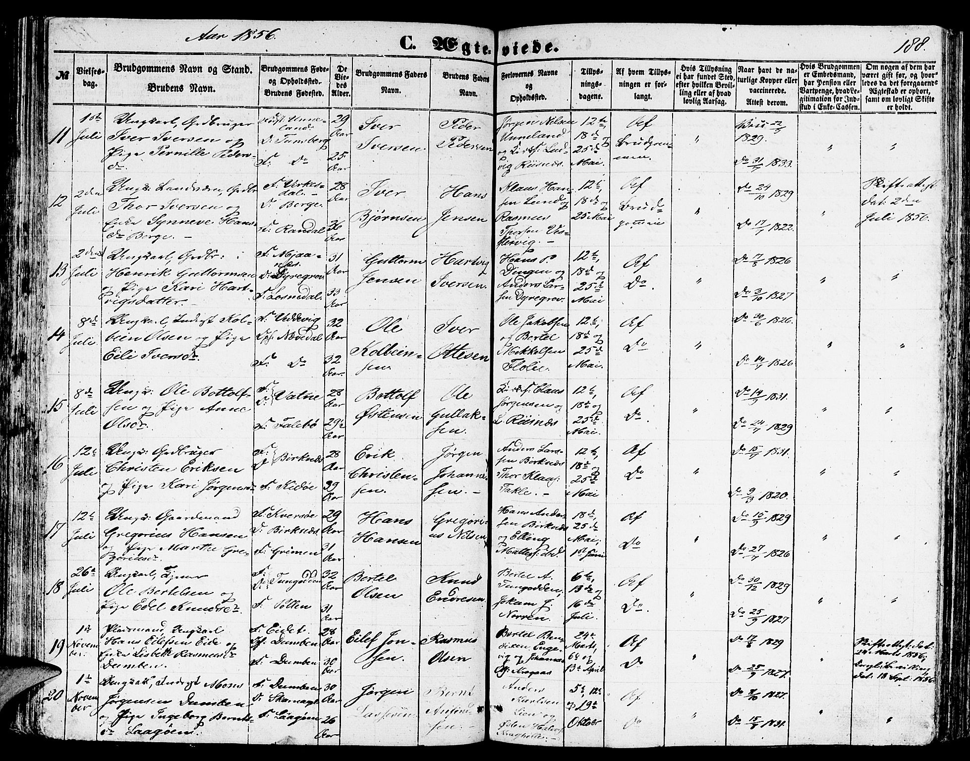 Gulen sokneprestembete, SAB/A-80201/H/Hab/Habb/L0001: Parish register (copy) no. B 1, 1854-1866, p. 188