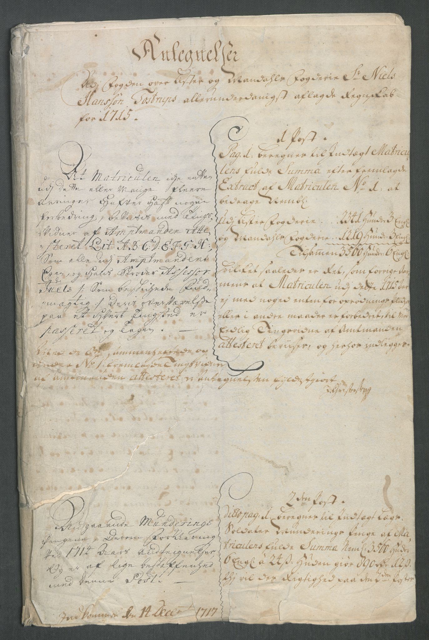 Rentekammeret inntil 1814, Reviderte regnskaper, Fogderegnskap, RA/EA-4092/R43/L2559: Fogderegnskap Lista og Mandal, 1715, p. 294