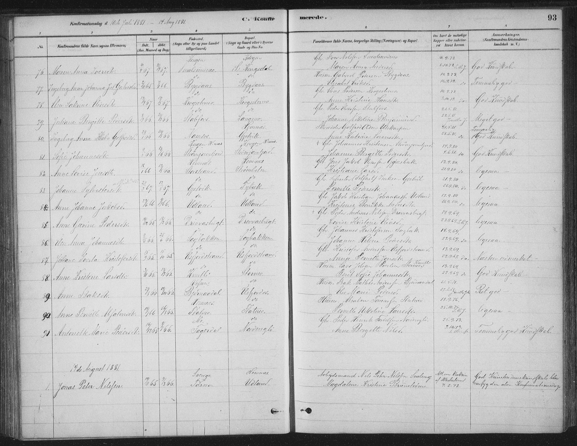 Ministerialprotokoller, klokkerbøker og fødselsregistre - Nordland, AV/SAT-A-1459/825/L0361: Parish register (official) no. 825A15, 1878-1893, p. 93