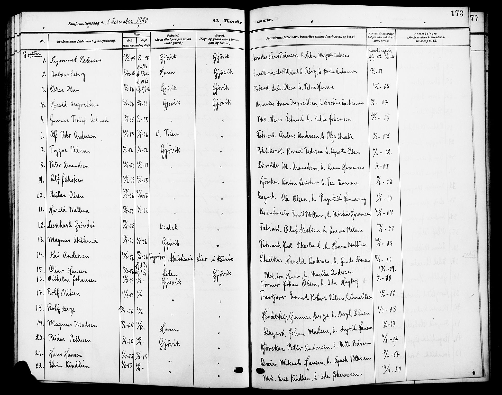 Vardal prestekontor, SAH/PREST-100/H/Ha/Hab/L0014: Parish register (copy) no. 14, 1911-1922, p. 173