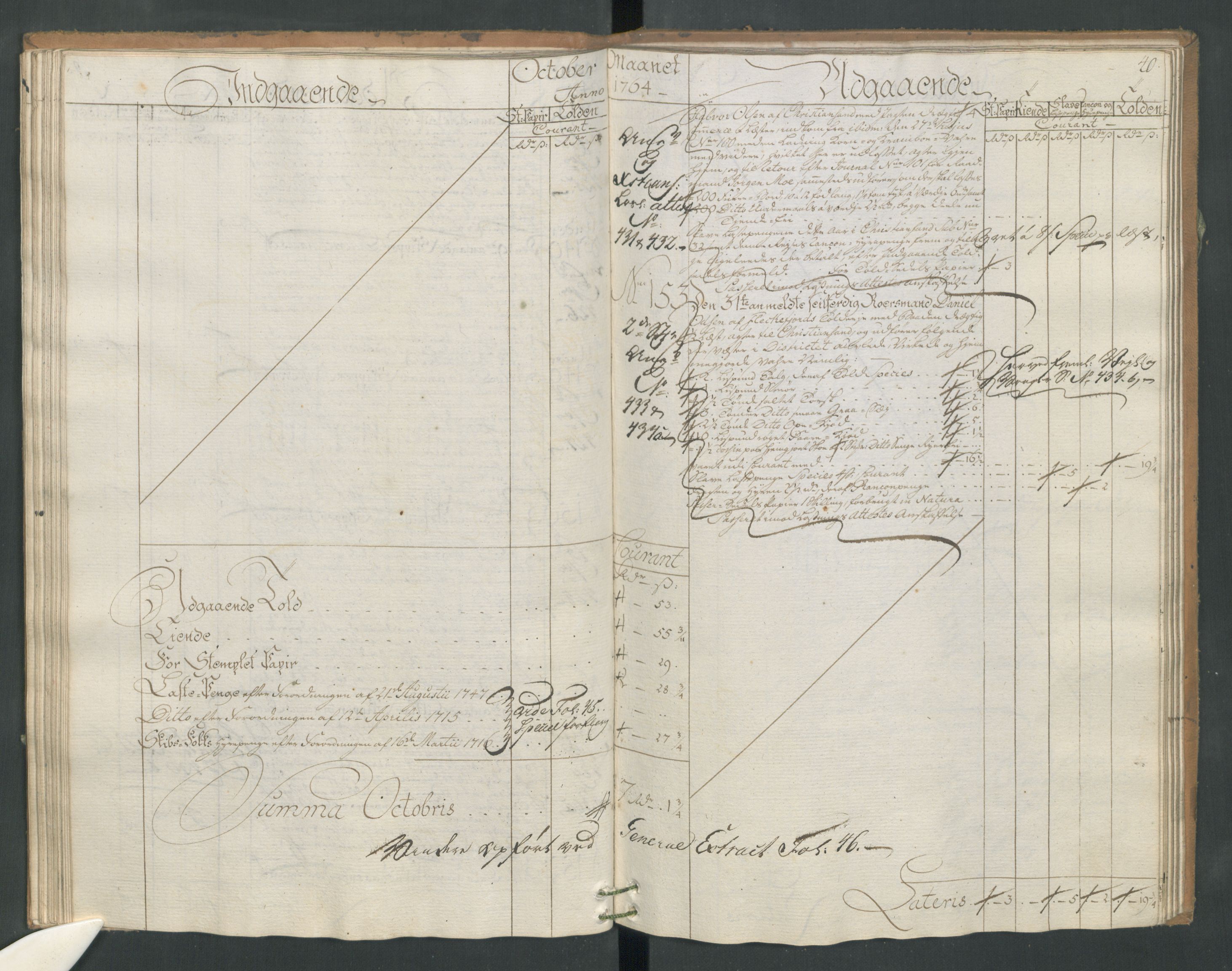 Generaltollkammeret, tollregnskaper, AV/RA-EA-5490/R17/L0025/0006: Tollregnskaper Mandal / Utgående hovedtollbok, 1764, p. 39b-40a