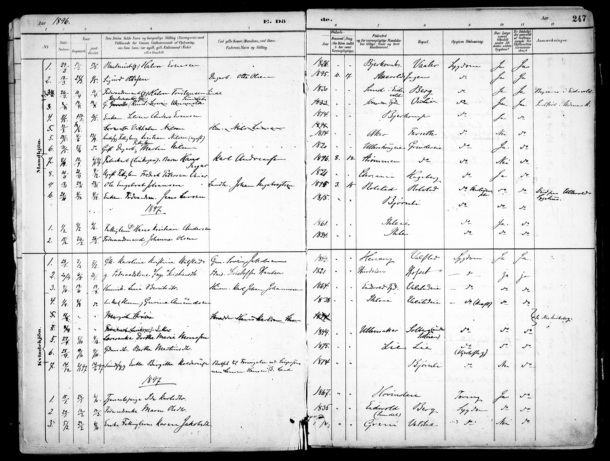 Nes prestekontor Kirkebøker, SAO/A-10410/F/Fb/L0002: Parish register (official) no. II 2, 1883-1918, p. 247