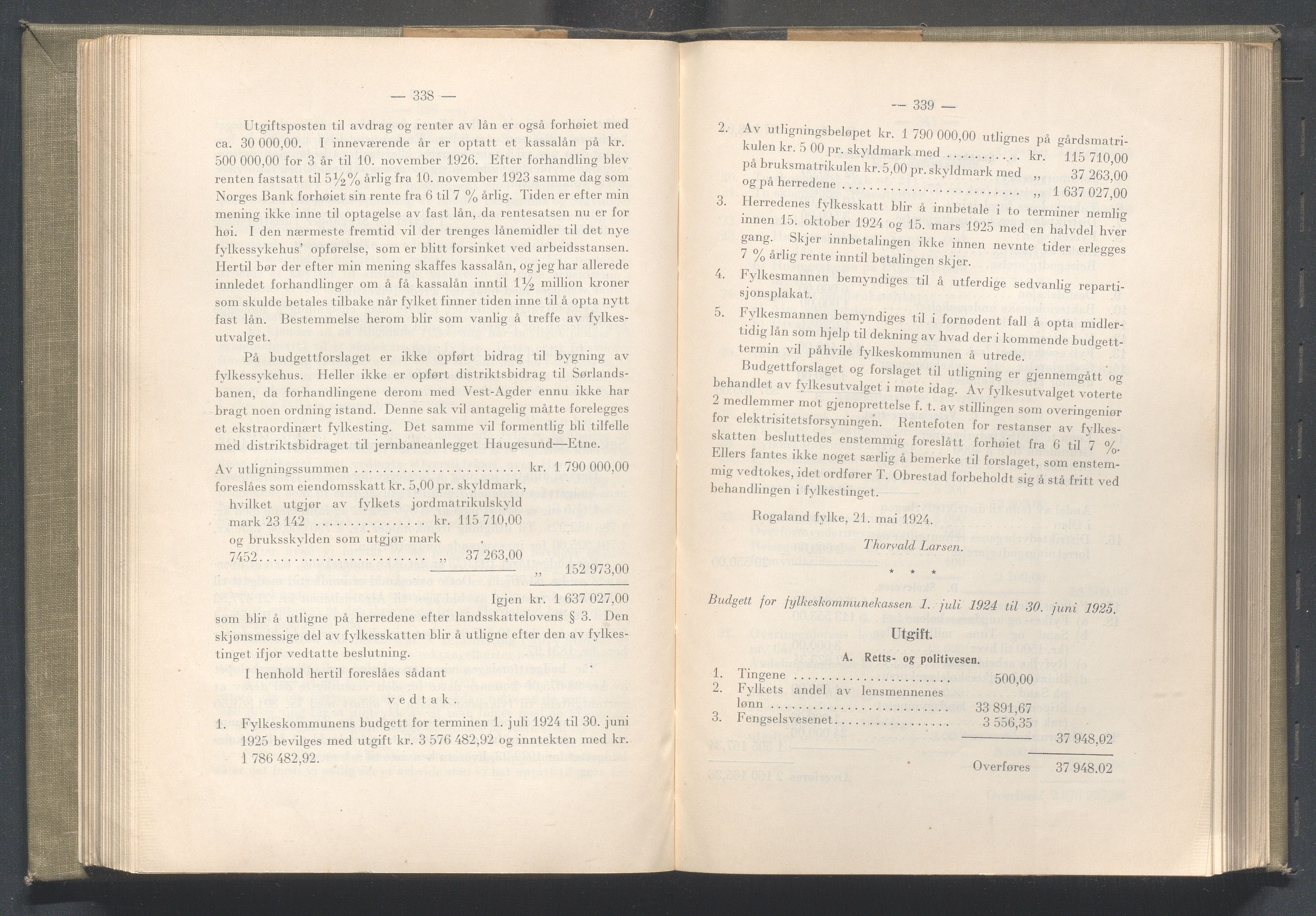 Rogaland fylkeskommune - Fylkesrådmannen , IKAR/A-900/A/Aa/Aaa/L0043: Møtebok , 1924, p. 338-339