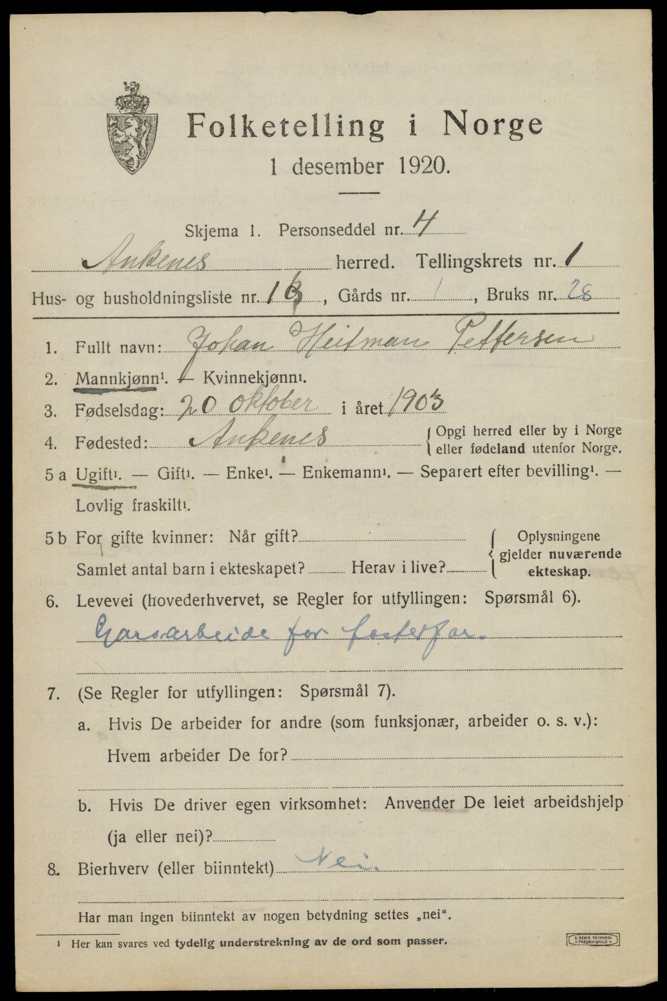 SAT, 1920 census for Ankenes, 1920, p. 1349