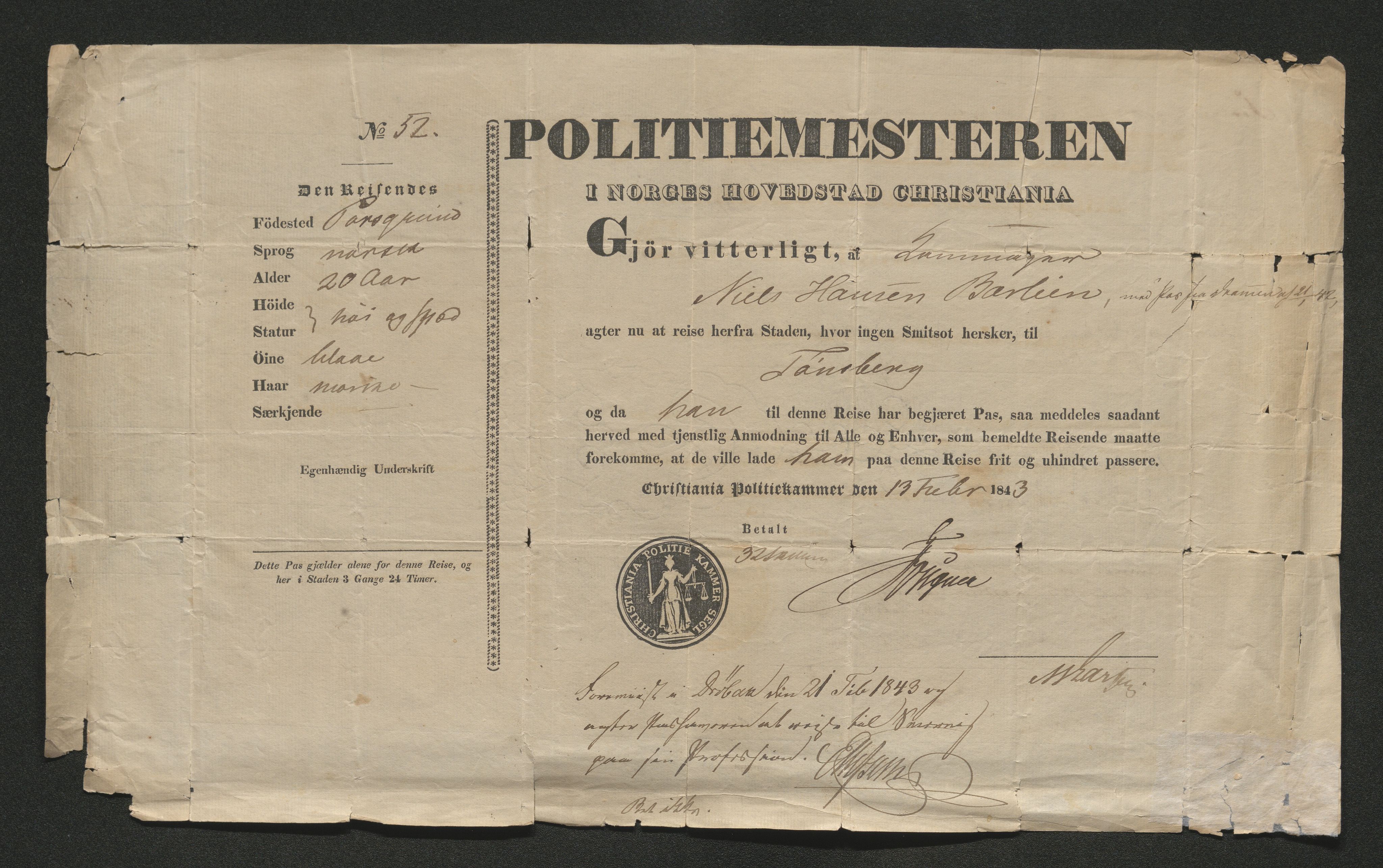 Drammen politikammer, AV/SAKO-A-623/I/Ia/Iab/L0007: Innleverte pass, 1843-1844, p. 314