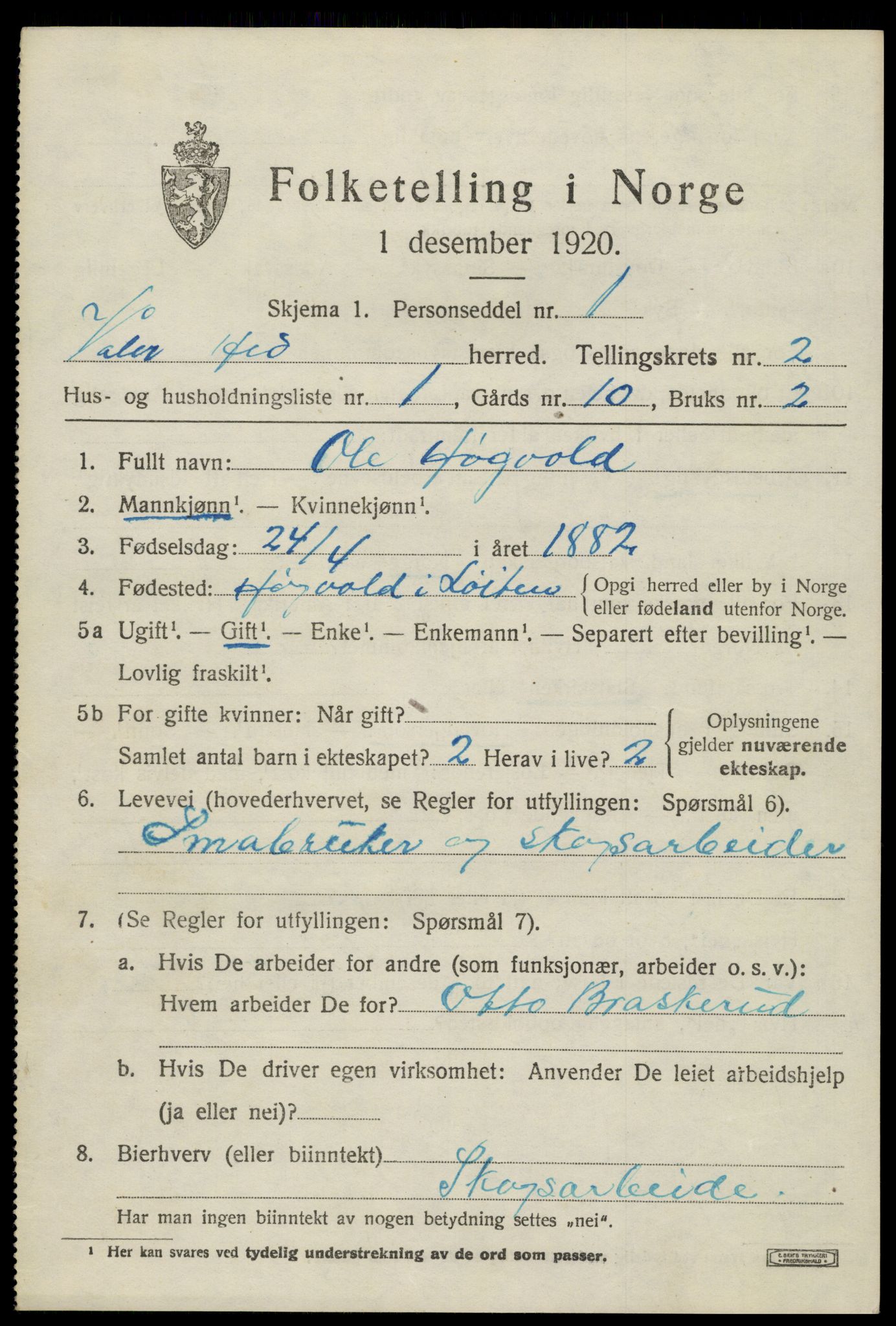 SAH, 1920 census for Våler (Hedmark), 1920, p. 2447