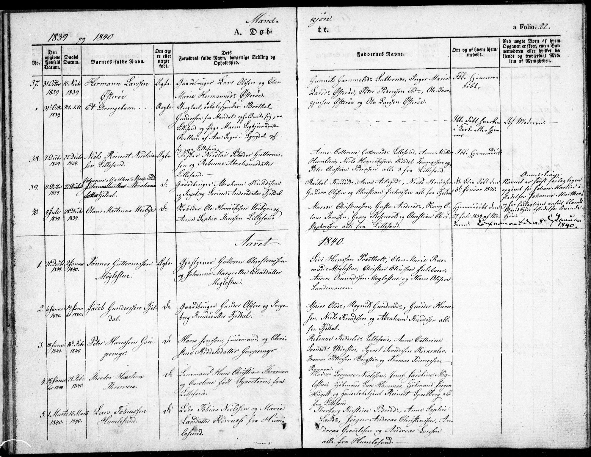 Vestre Moland sokneprestkontor, SAK/1111-0046/F/Fb/Fbb/L0002: Parish register (copy) no. B 2, 1836-1851, p. 22