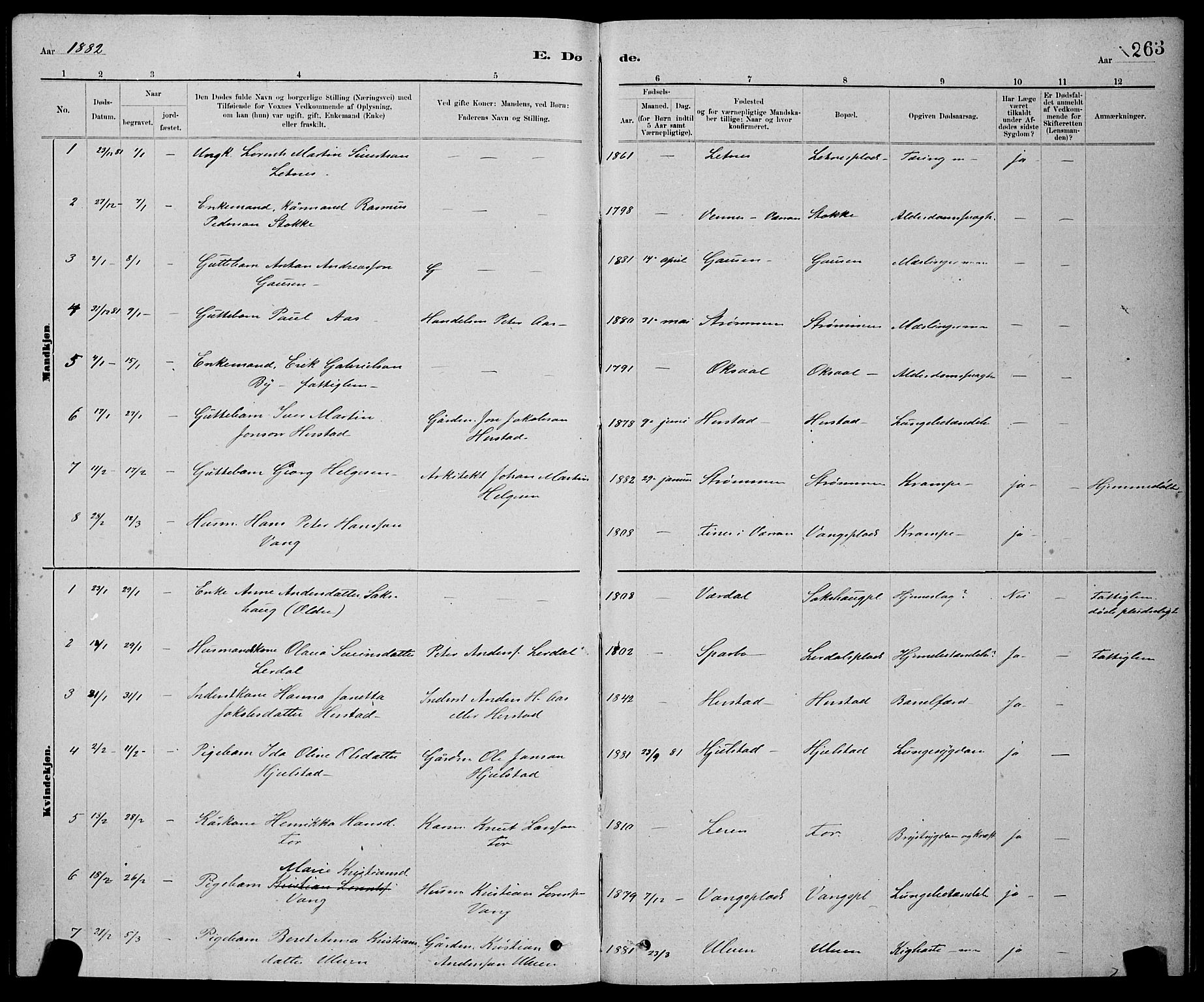 Ministerialprotokoller, klokkerbøker og fødselsregistre - Nord-Trøndelag, SAT/A-1458/730/L0301: Parish register (copy) no. 730C04, 1880-1897, p. 263