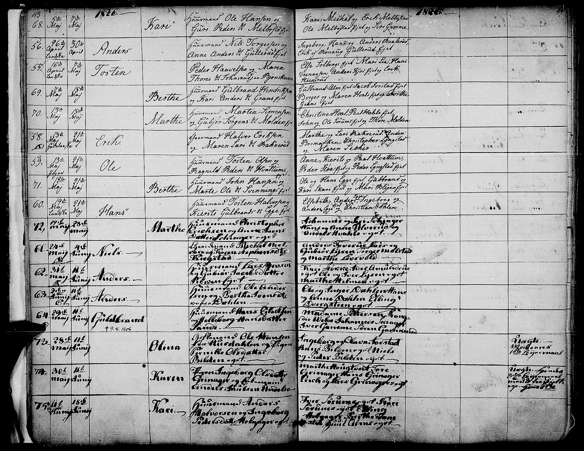 Gran prestekontor, AV/SAH-PREST-112/H/Ha/Haa/L0010: Parish register (official) no. 10, 1824-1842, p. 43-44