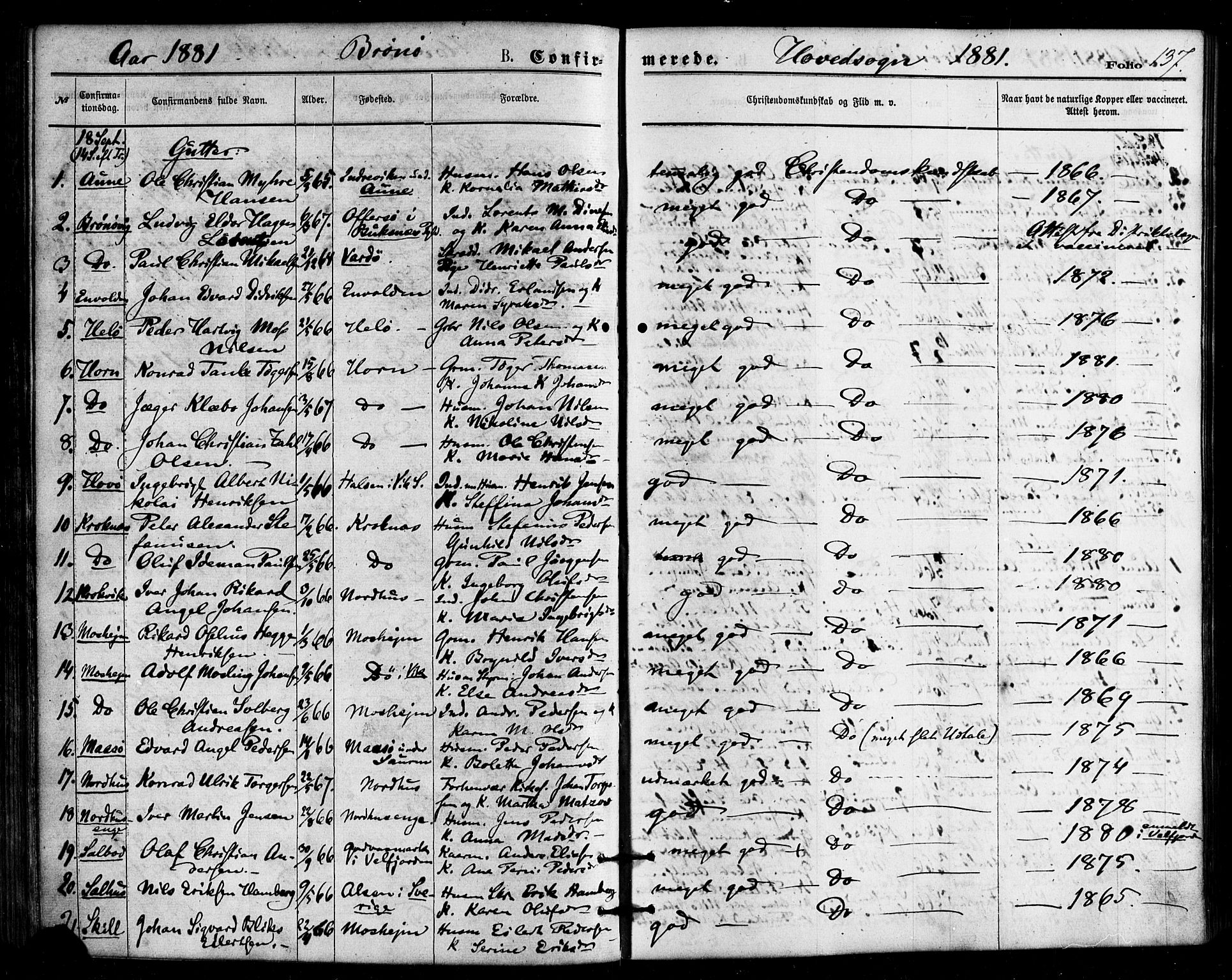 Ministerialprotokoller, klokkerbøker og fødselsregistre - Nordland, SAT/A-1459/813/L0199: Parish register (official) no. 813A09, 1875-1885, p. 137