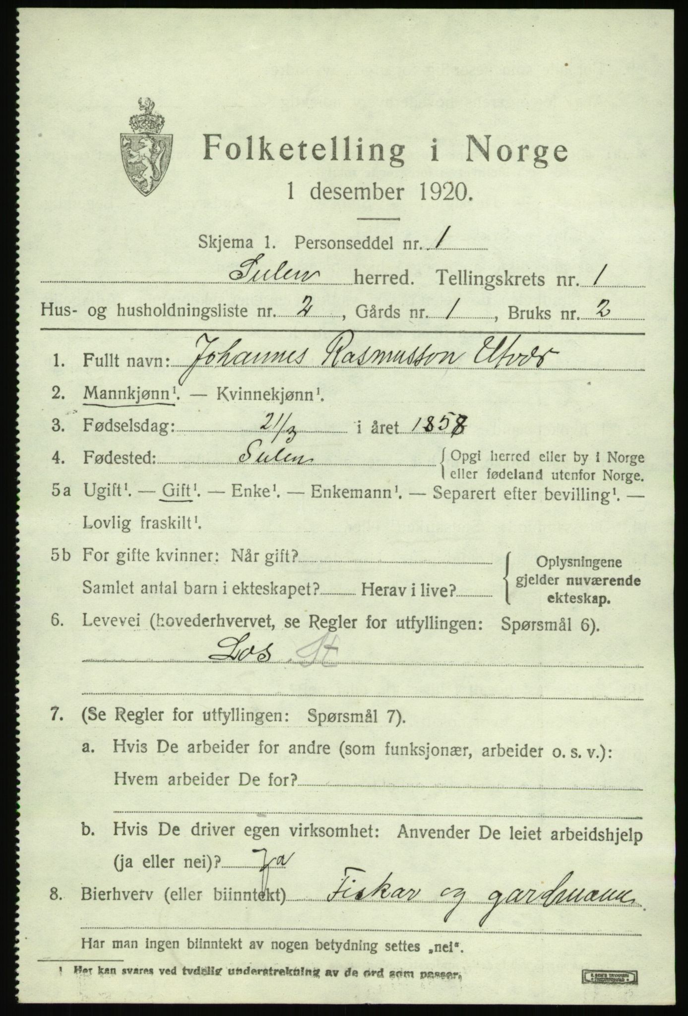 SAB, 1920 census for Solund, 1920, p. 694