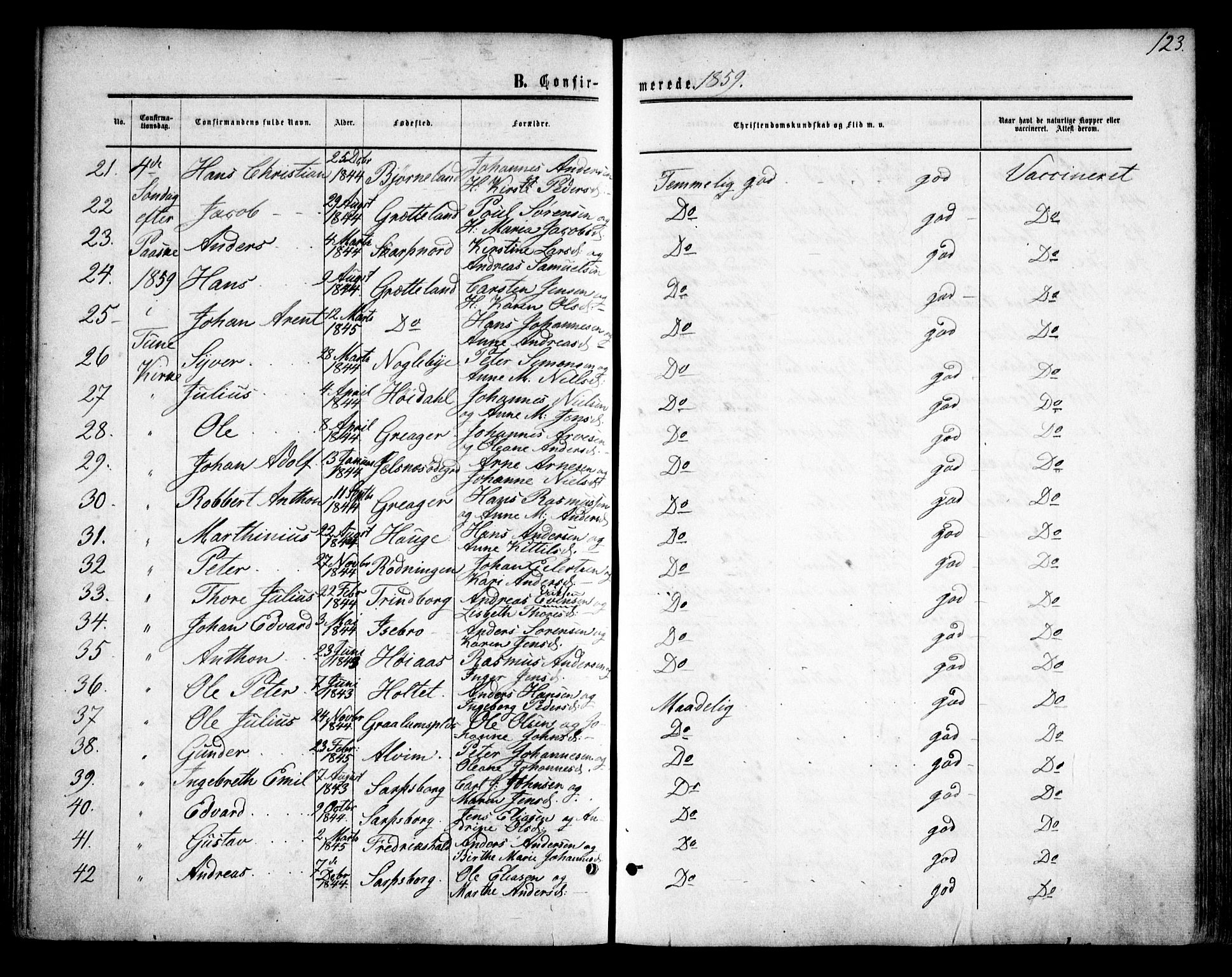 Tune prestekontor Kirkebøker, SAO/A-2007/F/Fa/L0013: Parish register (official) no. 13, 1859-1863, p. 123