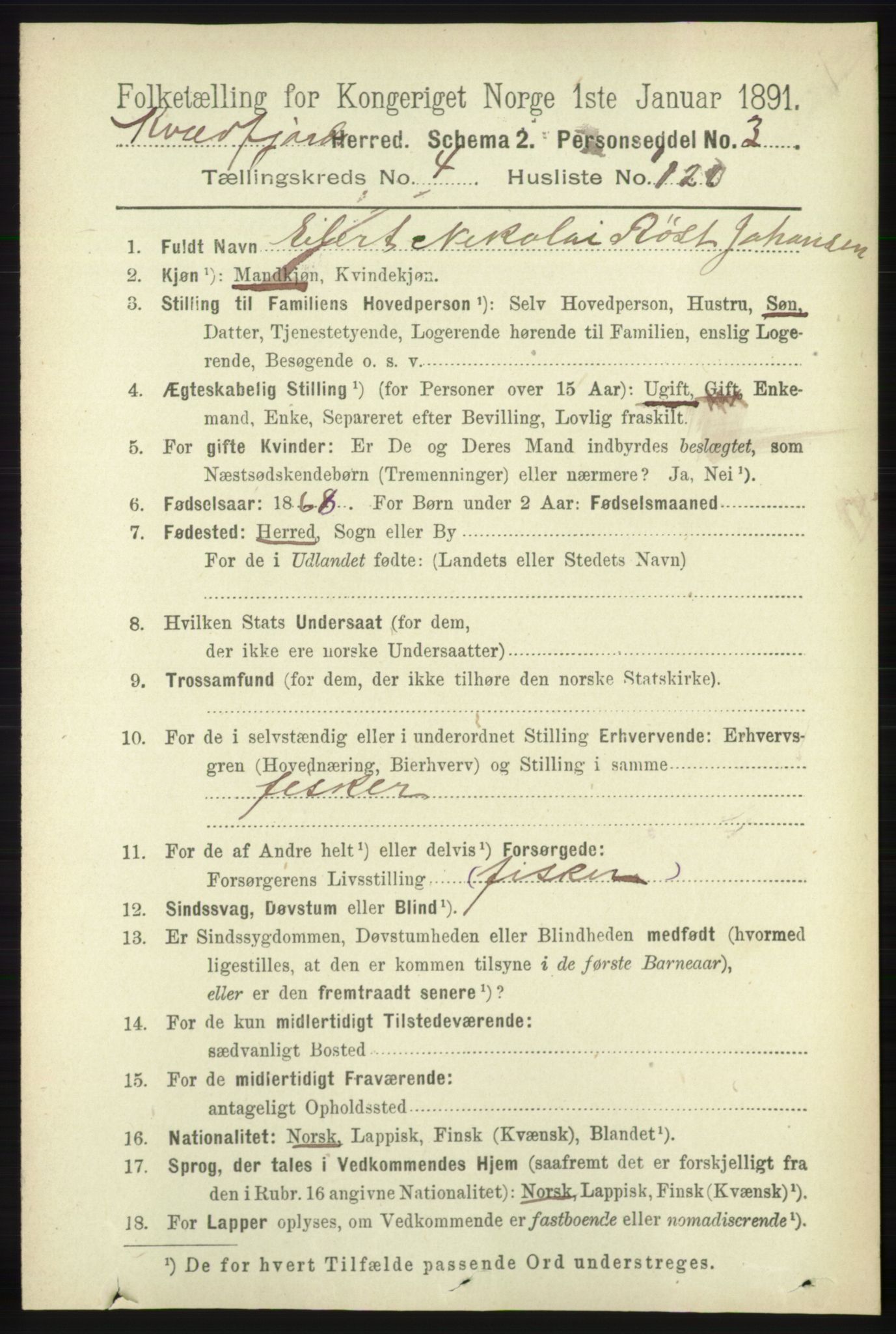 RA, 1891 census for 1911 Kvæfjord, 1891, p. 2660