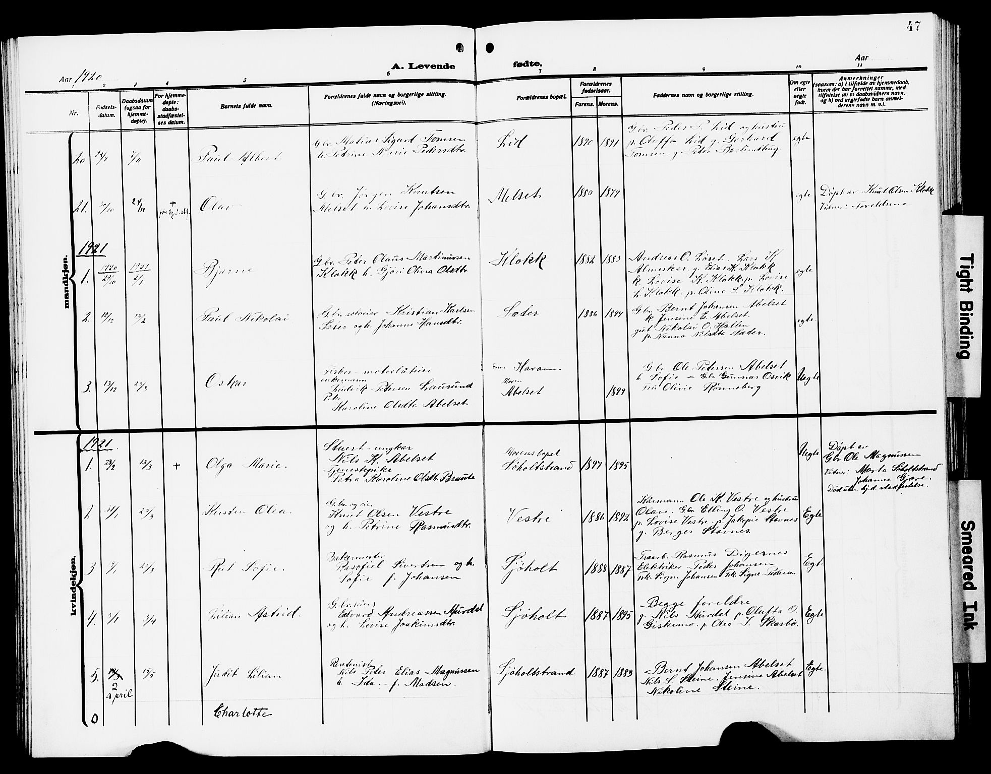 Ministerialprotokoller, klokkerbøker og fødselsregistre - Møre og Romsdal, AV/SAT-A-1454/522/L0328: Parish register (copy) no. 522C07, 1909-1925, p. 47