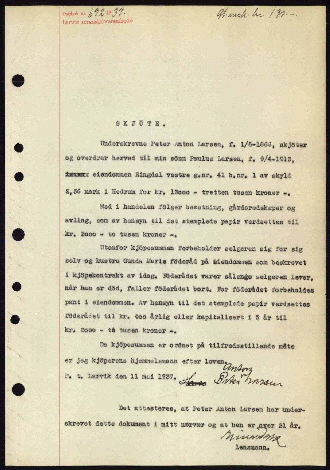 Larvik sorenskriveri, SAKO/A-83/G/Ga/Gab/L0067: Mortgage book no. A-1, 1936-1937, Diary no: : 692/1937