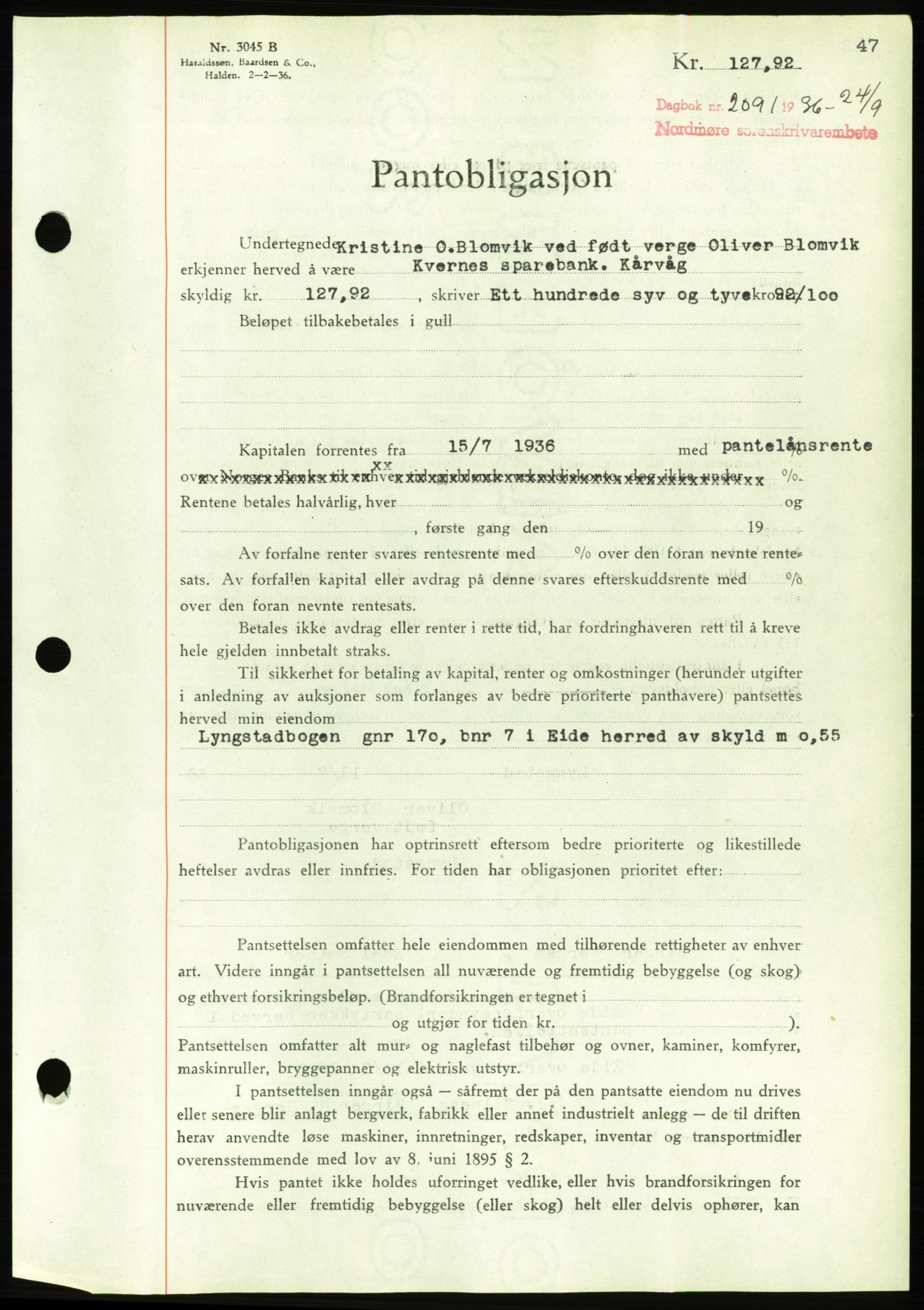 Nordmøre sorenskriveri, AV/SAT-A-4132/1/2/2Ca/L0090: Mortgage book no. B80, 1936-1937, Diary no: : 2091/1936