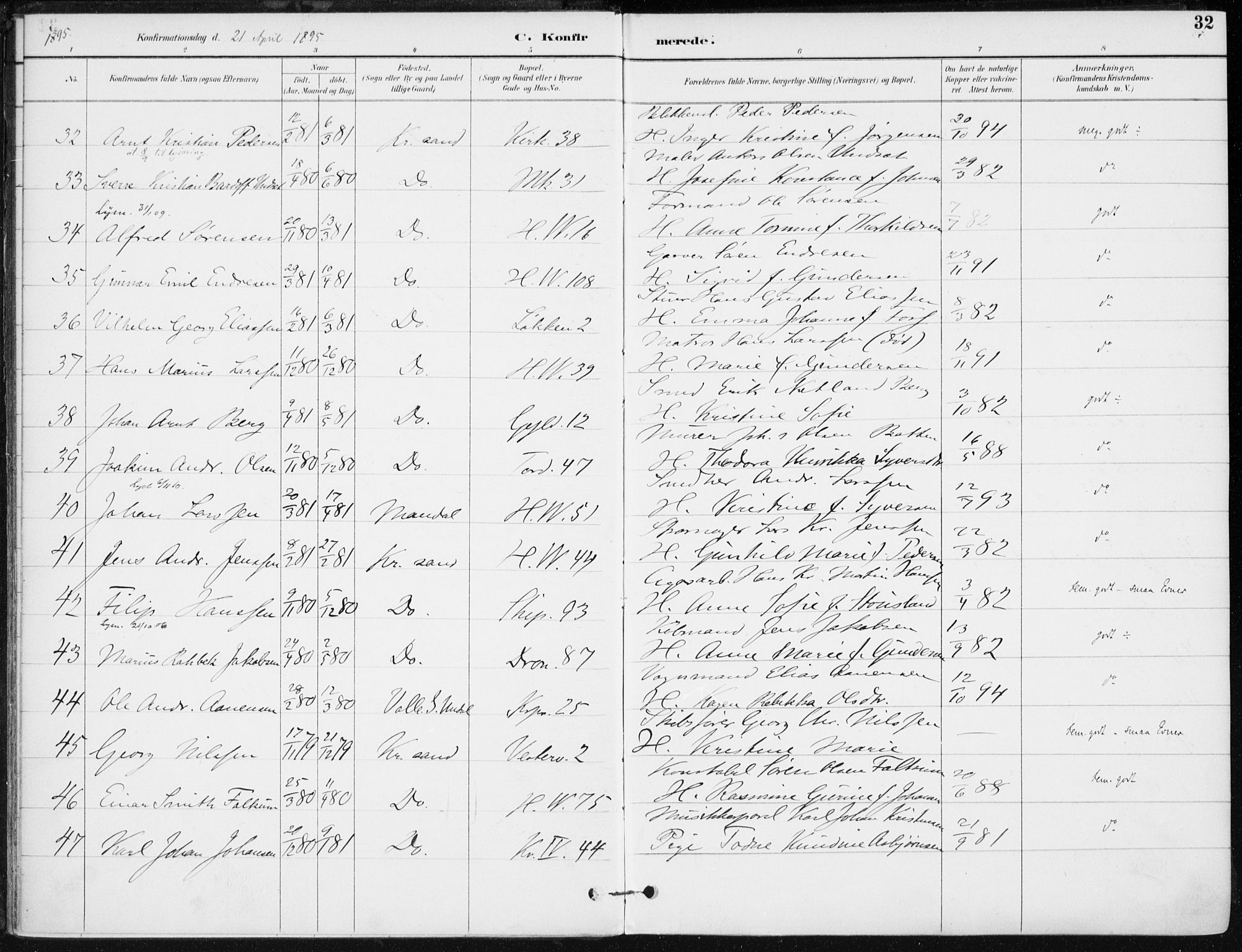 Kristiansand domprosti, AV/SAK-1112-0006/F/Fa/L0020: Parish register (official) no. A 19, 1893-1904, p. 32