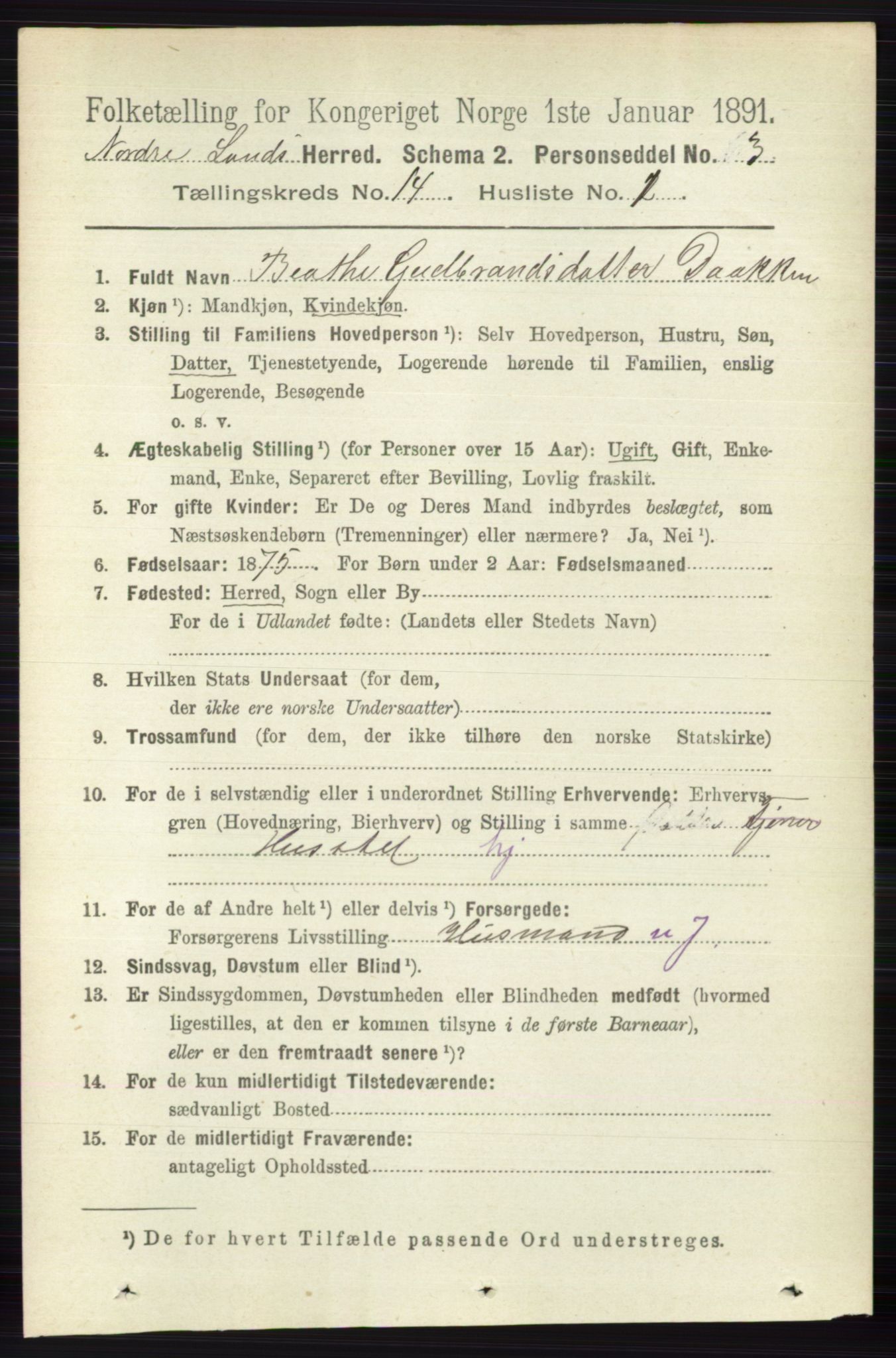 RA, 1891 census for 0538 Nordre Land, 1891, p. 3630