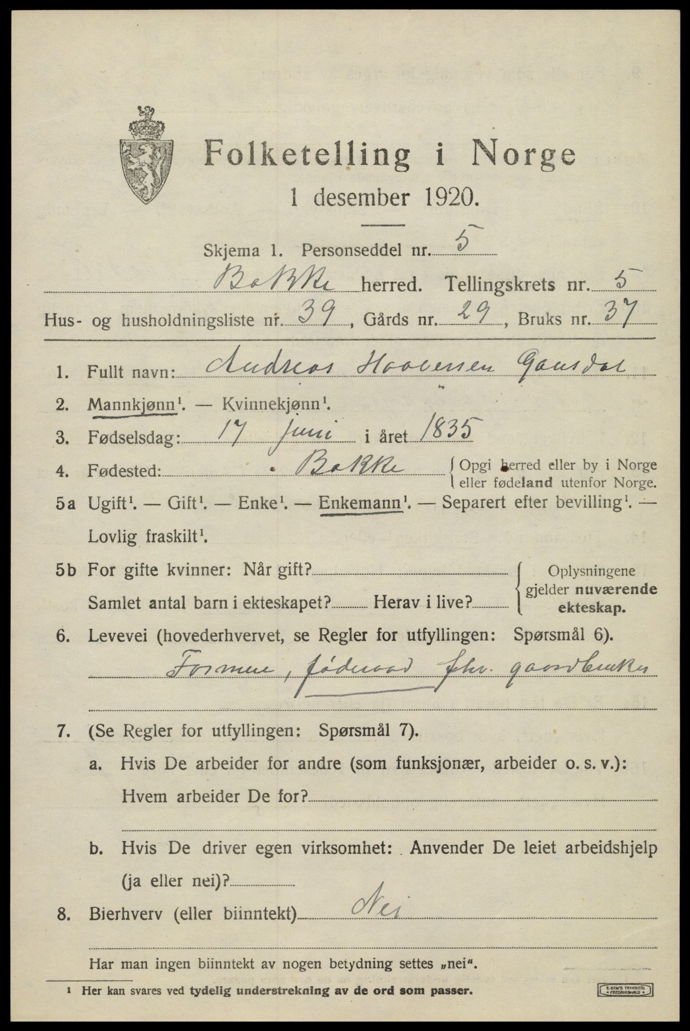 SAK, 1920 census for Bakke, 1920, p. 1812