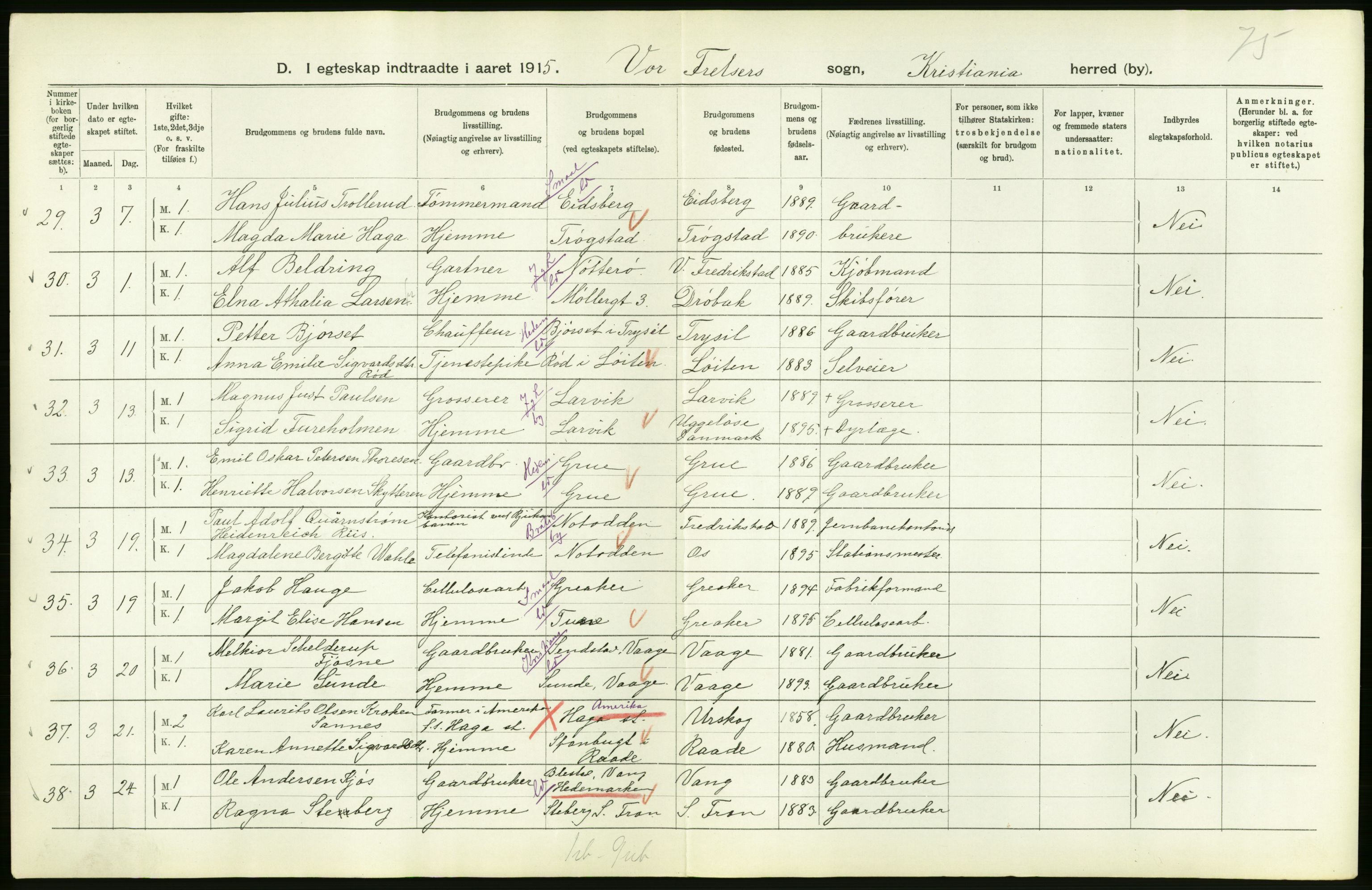 Statistisk sentralbyrå, Sosiodemografiske emner, Befolkning, AV/RA-S-2228/D/Df/Dfb/Dfbe/L0008: Kristiania: Gifte., 1915, p. 68