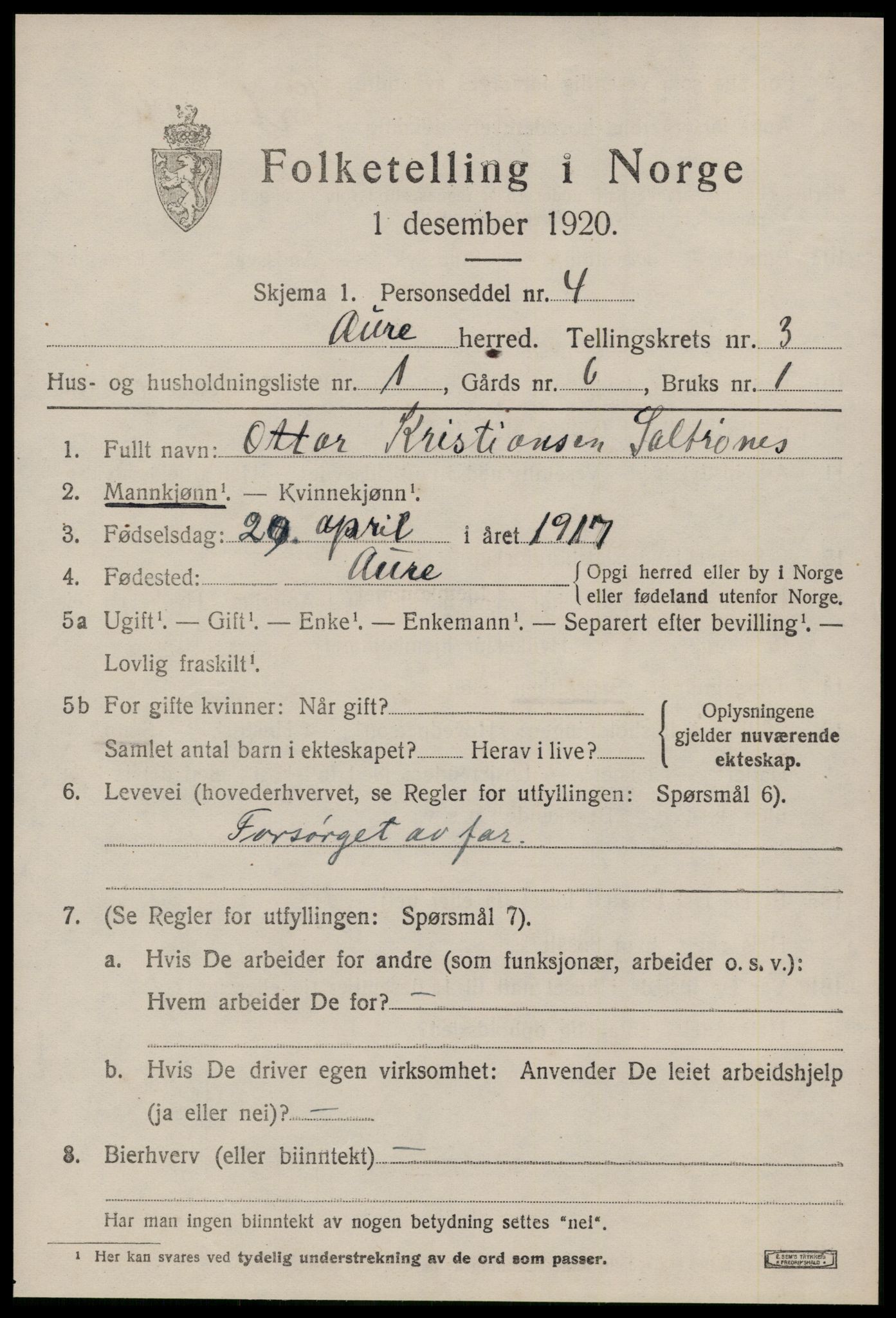 SAT, 1920 census for Aure, 1920, p. 1618