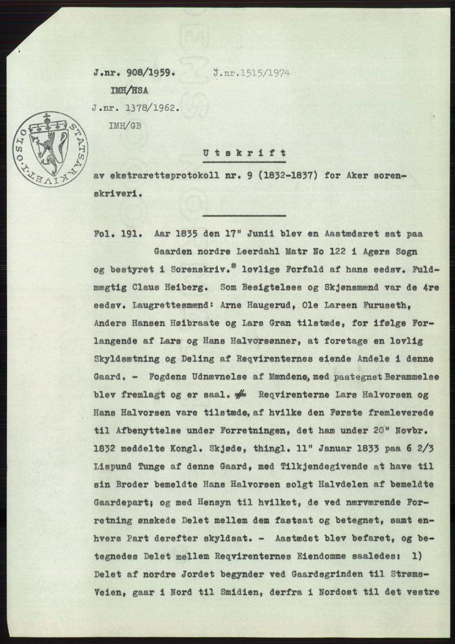 Statsarkivet i Oslo, AV/SAO-A-10621/Z/Zd/L0010: Avskrifter, j.nr 753-1498/1959, 1959, p. 69
