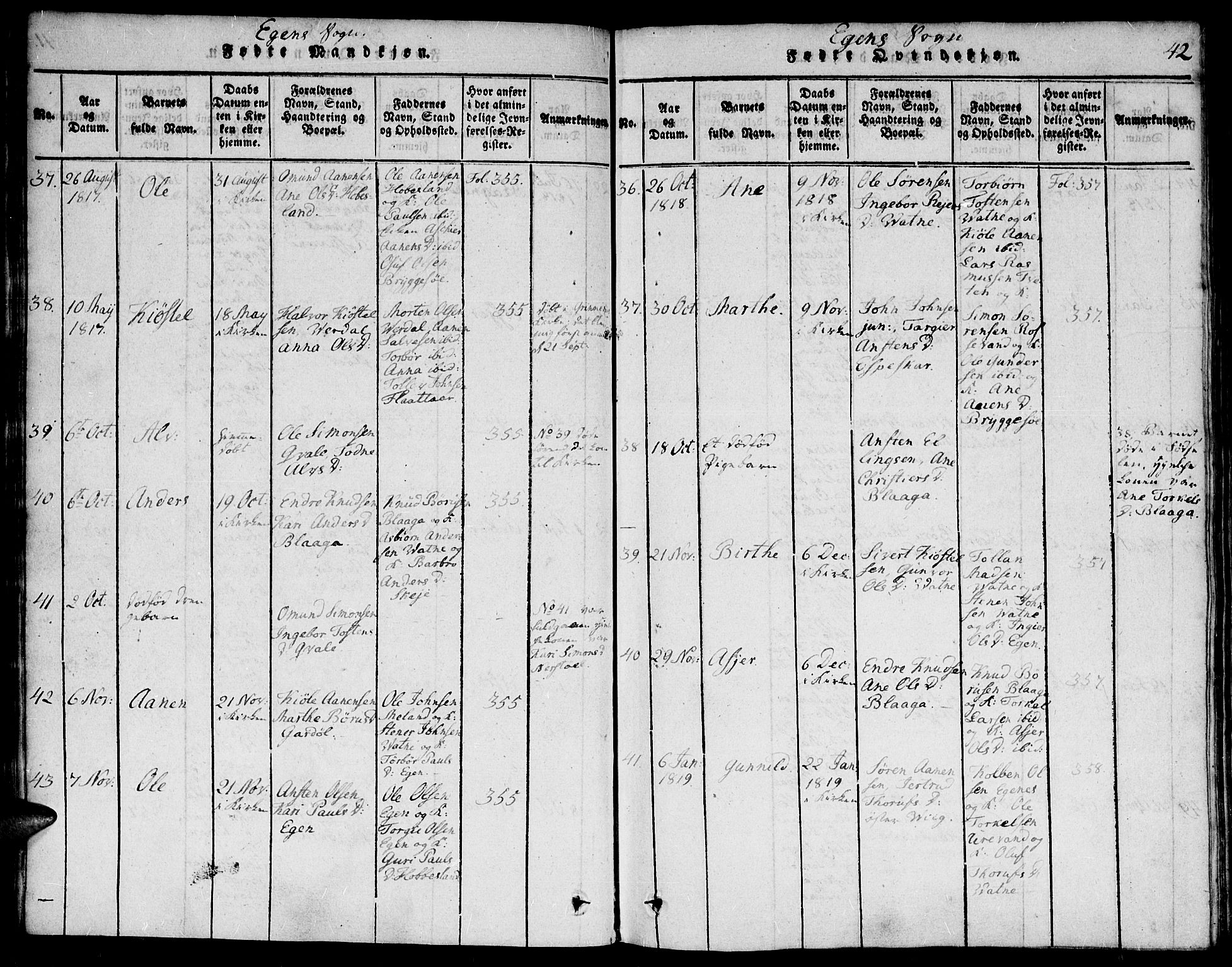 Hægebostad sokneprestkontor, SAK/1111-0024/F/Fa/Faa/L0002: Parish register (official) no. A 2 /2, 1816-1824, p. 42