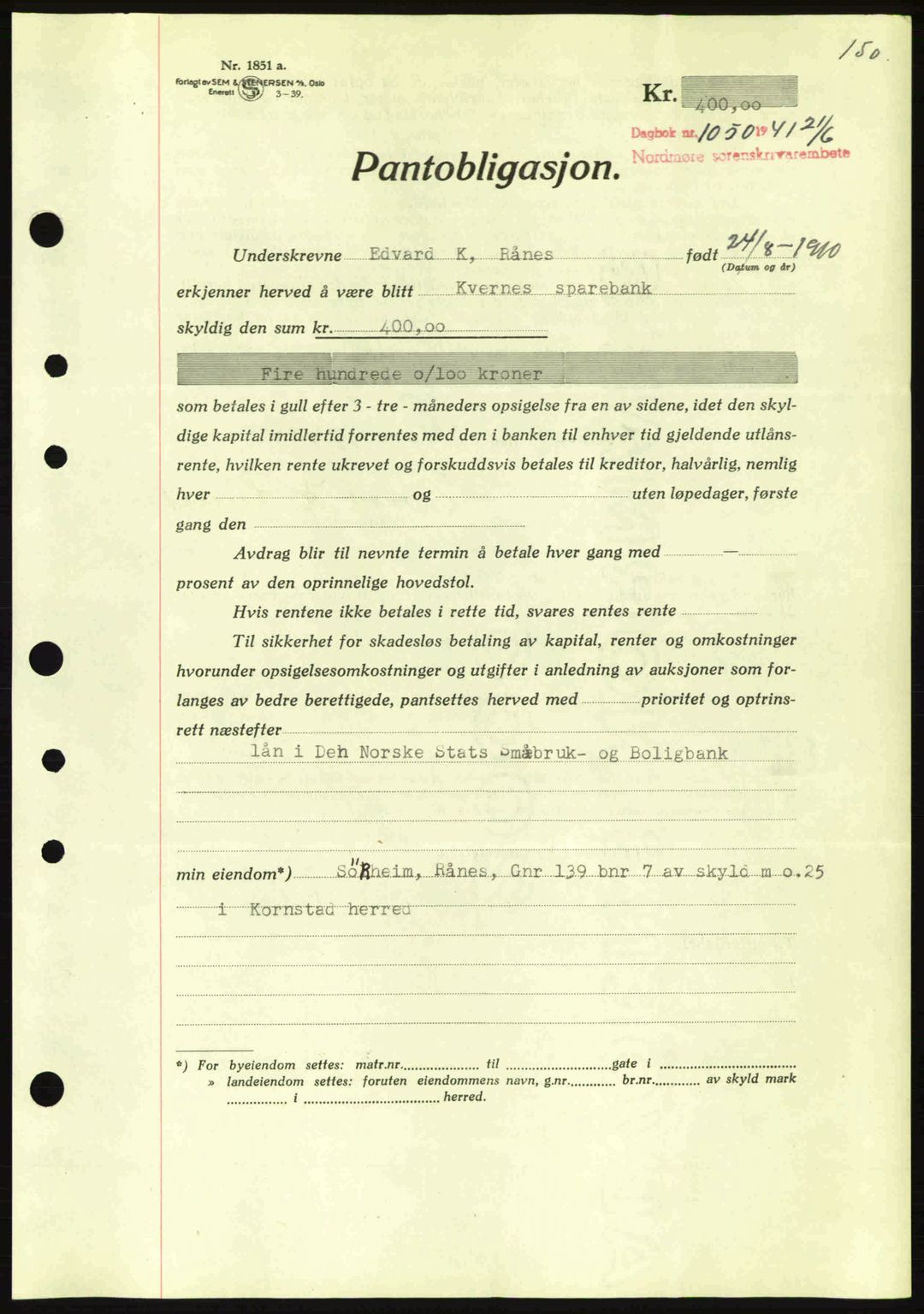 Nordmøre sorenskriveri, AV/SAT-A-4132/1/2/2Ca: Mortgage book no. B88, 1941-1942, Diary no: : 1050/1941