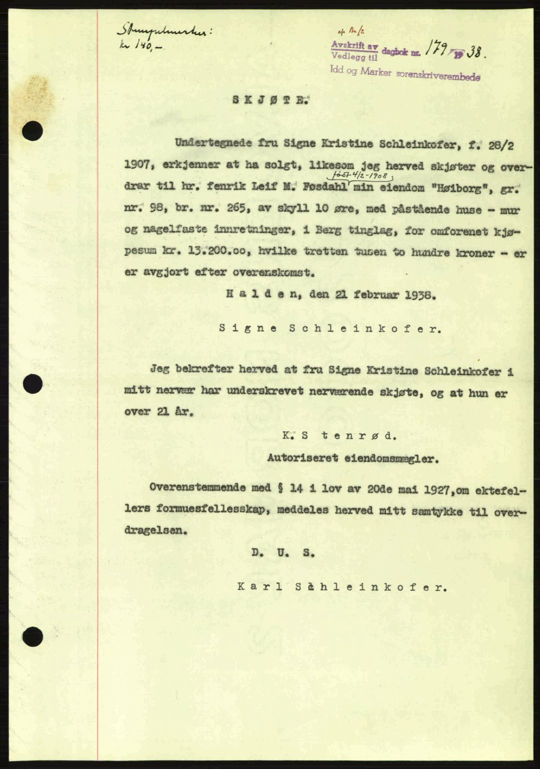 Idd og Marker sorenskriveri, AV/SAO-A-10283/G/Gb/Gbb/L0002: Mortgage book no. A2, 1937-1938, Diary no: : 179/1938