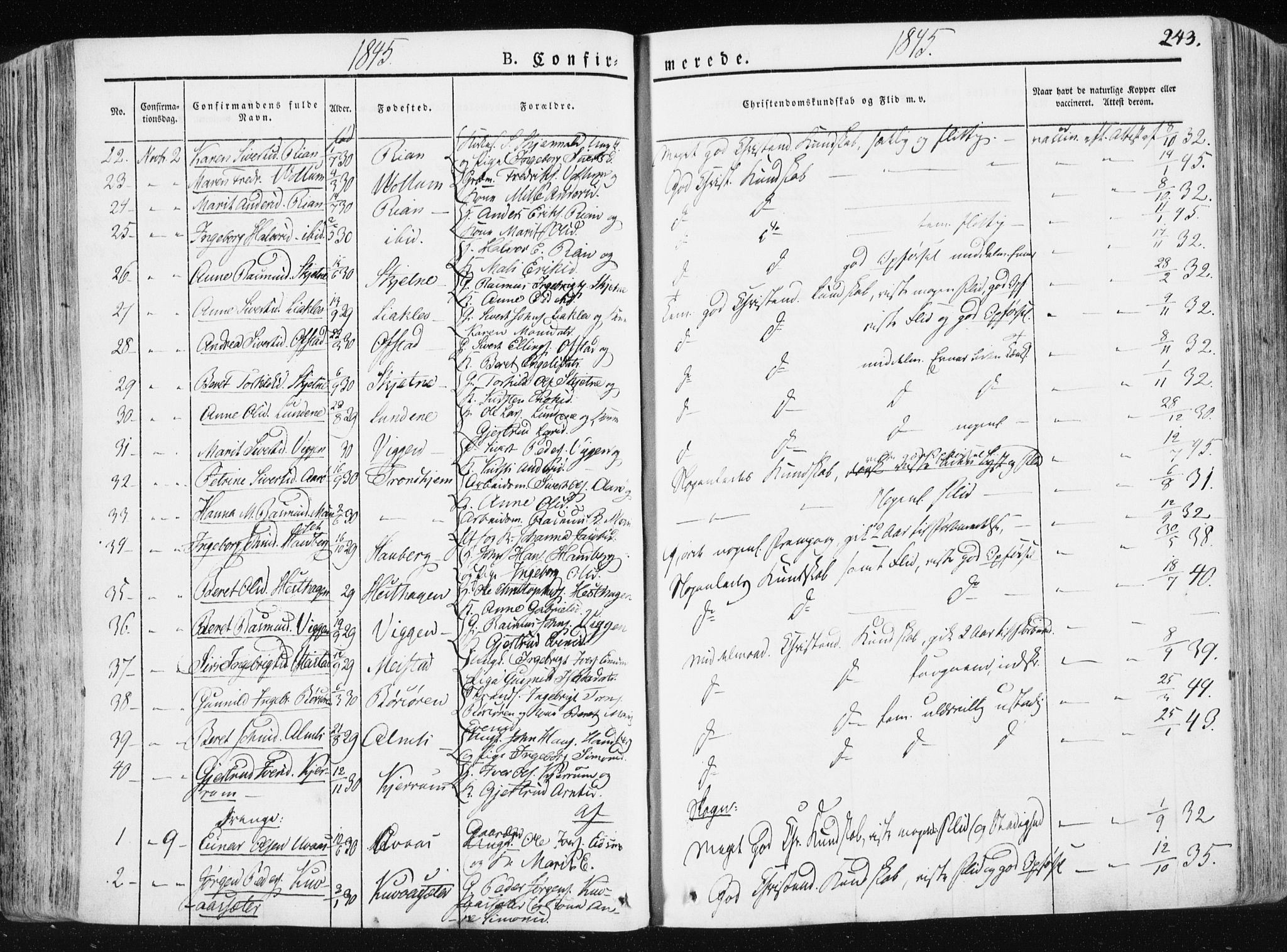 Ministerialprotokoller, klokkerbøker og fødselsregistre - Sør-Trøndelag, SAT/A-1456/665/L0771: Parish register (official) no. 665A06, 1830-1856, p. 243