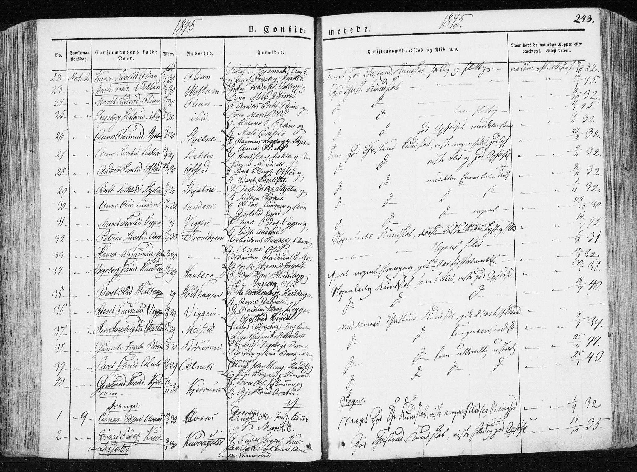 Ministerialprotokoller, klokkerbøker og fødselsregistre - Sør-Trøndelag, AV/SAT-A-1456/665/L0771: Parish register (official) no. 665A06, 1830-1856, p. 243