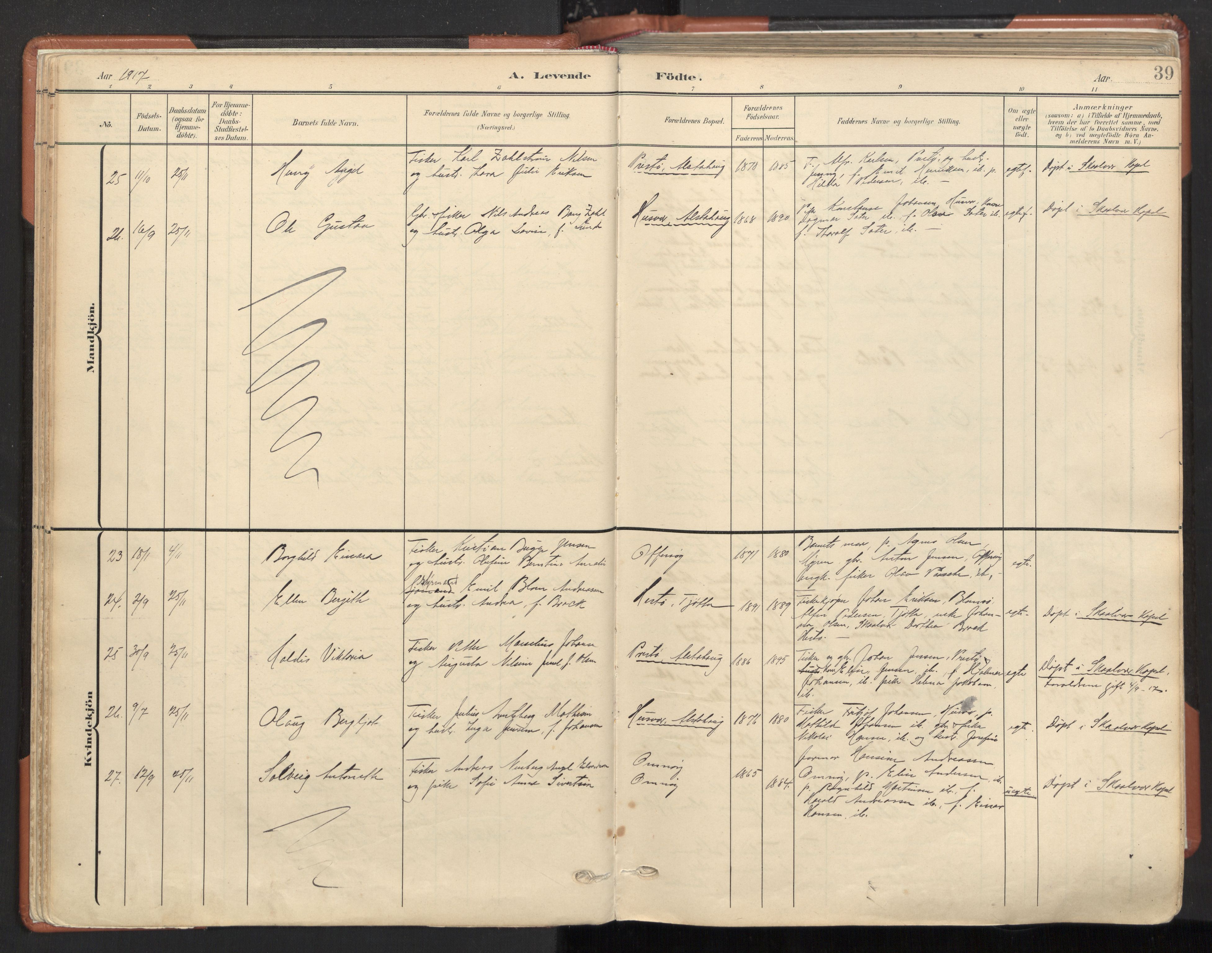 Ministerialprotokoller, klokkerbøker og fødselsregistre - Nordland, AV/SAT-A-1459/817/L0265: Parish register (official) no. 817A05, 1908-1944, p. 39