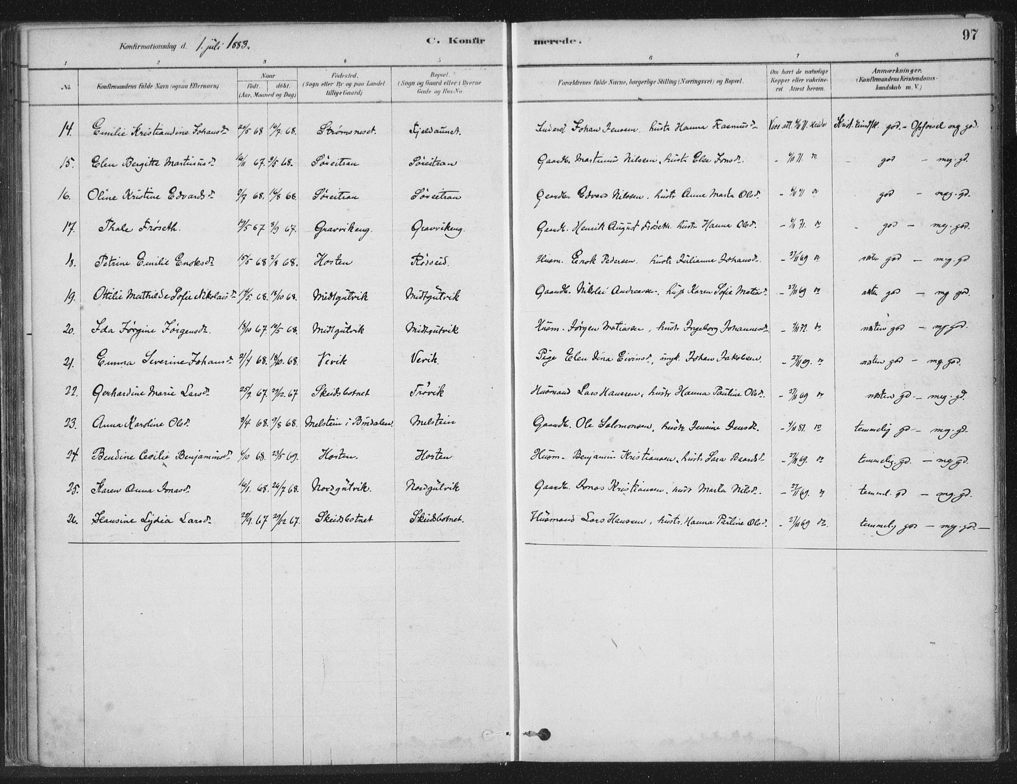 Ministerialprotokoller, klokkerbøker og fødselsregistre - Nord-Trøndelag, SAT/A-1458/788/L0697: Parish register (official) no. 788A04, 1878-1902, p. 97