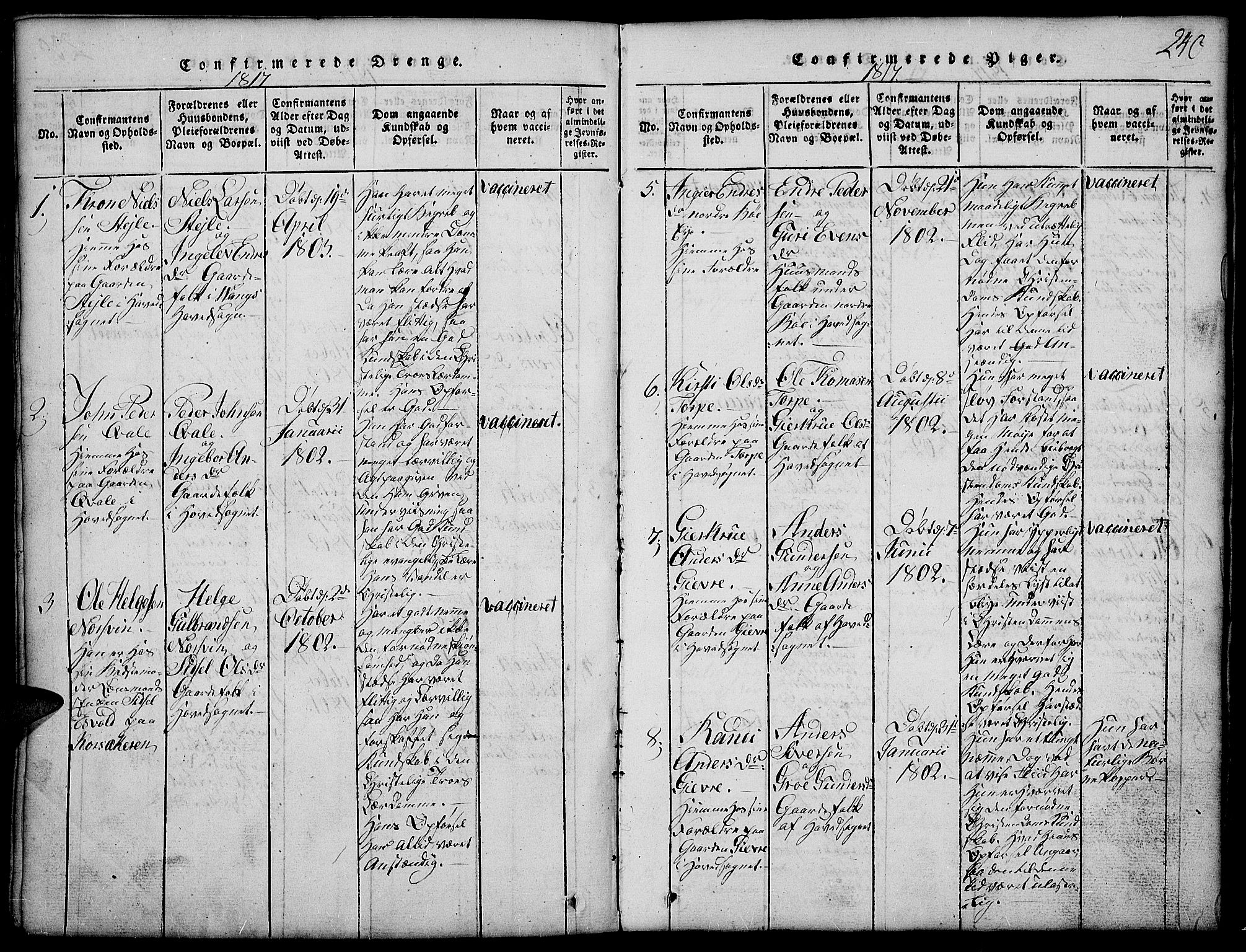 Vang prestekontor, Valdres, SAH/PREST-140/H/Hb/L0002: Parish register (copy) no. 2, 1814-1889, p. 240